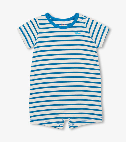 Blue and white striped bamboo romper for baby boys with short sleeves and snap closures at the bottom.