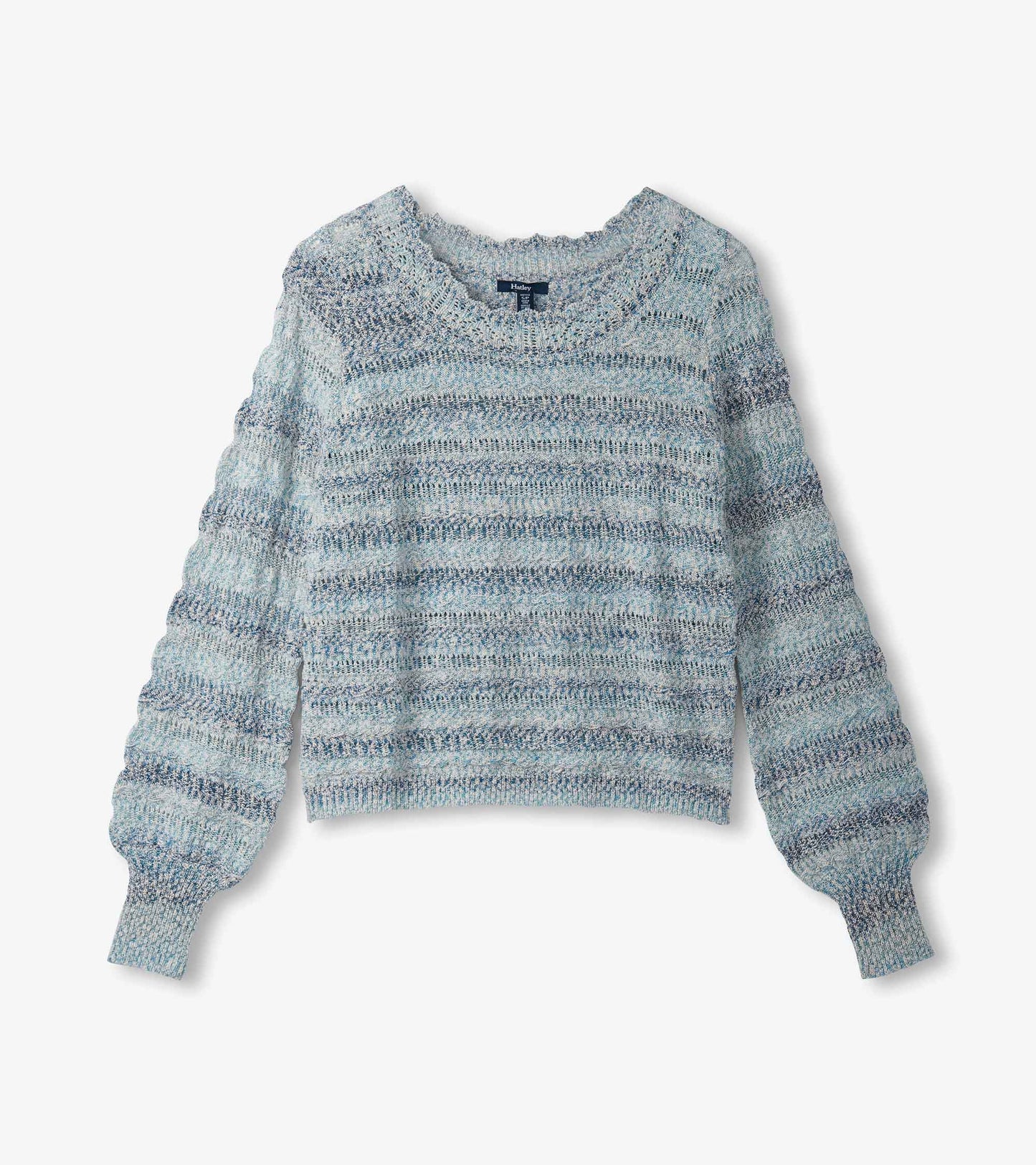 Light blue pointelle sweater featuring wavy stripes and puffed sleeves, ideal for casual wear.