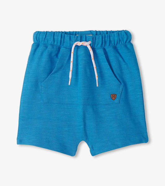Mediterranean blue kangaroo shorts with an elastic waistband and front pockets, featuring a drawstring detail.