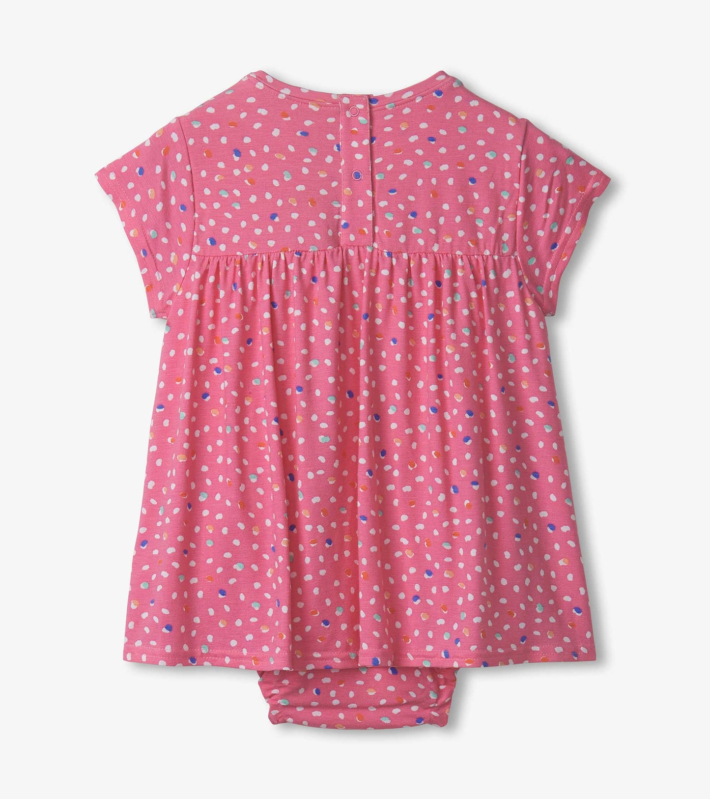 Pink one-piece dress for baby girls with colorful dot pattern and short sleeves, featuring a gathered waist and snap closure.