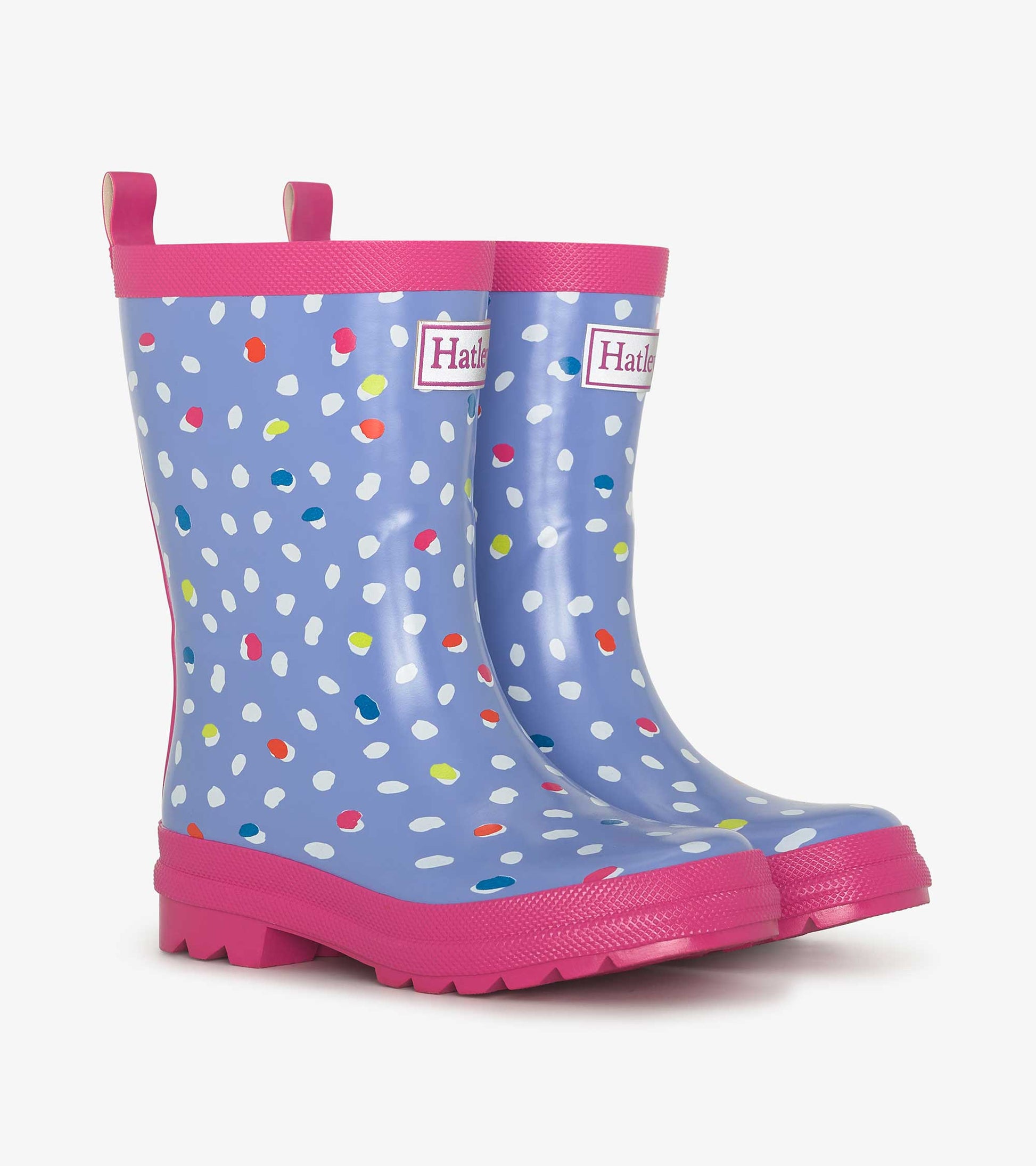 Shiny blue rain boots with colorful polka dots and pink soles, designed for kids.