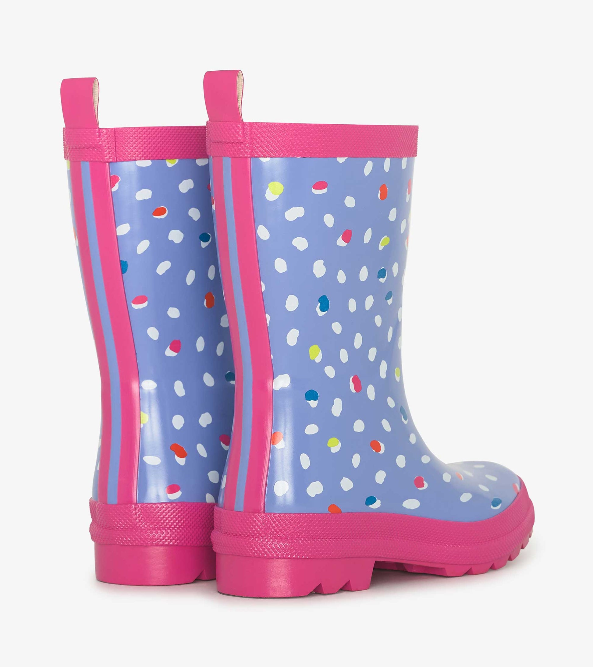 Shiny blue rain boots with colorful polka dots and pink accents, featuring a sturdy sole and pull tabs for easy wear.