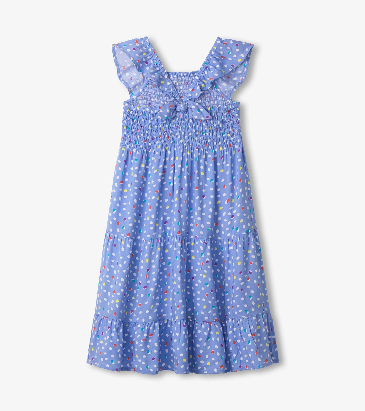 Light blue smocked dress with colorful polka dots, ruffled sleeves, and a tiered skirt design.