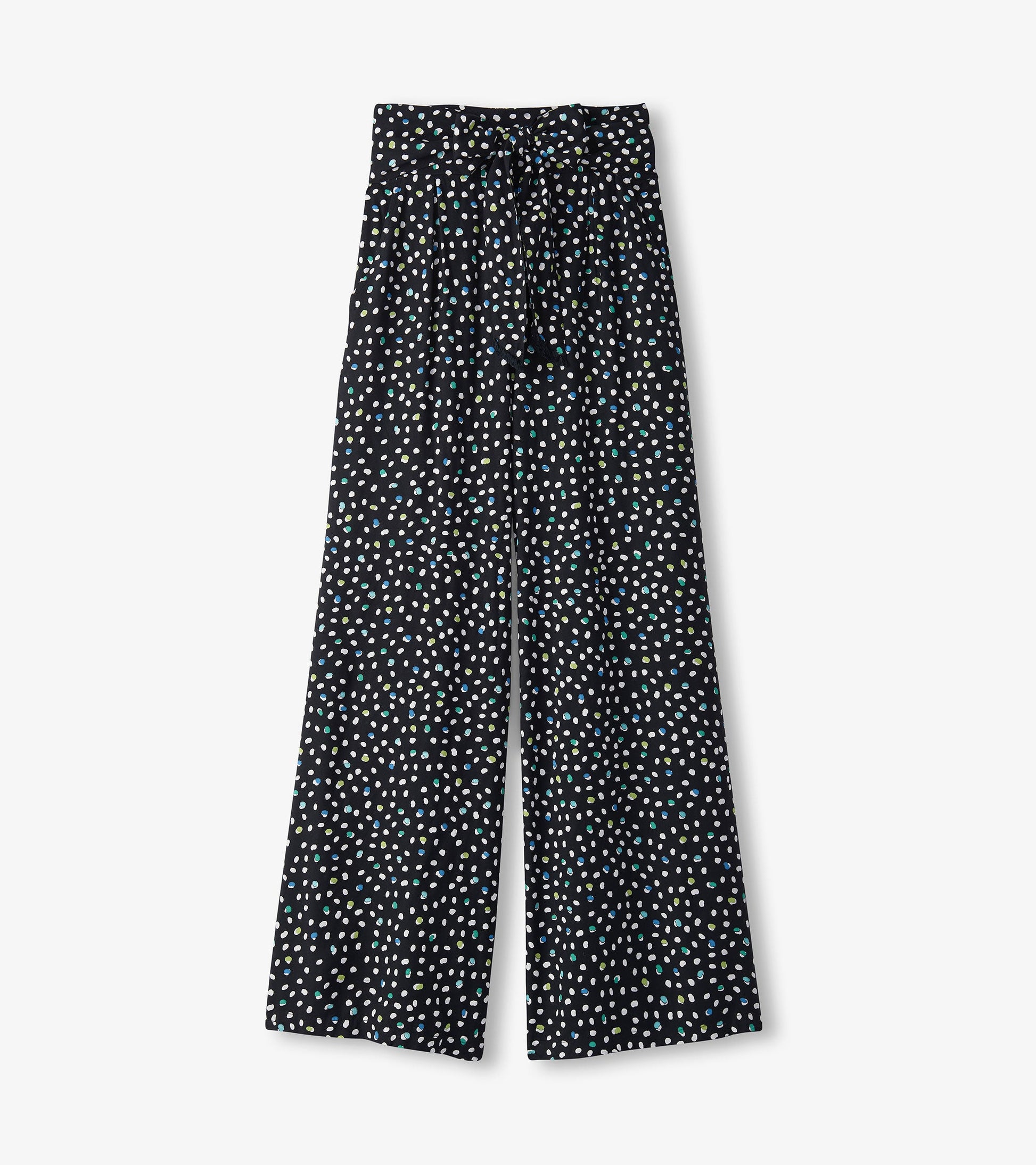 Belted wide leg pants in black with a multi-colored dot pattern, featuring a tie waist and relaxed fit.