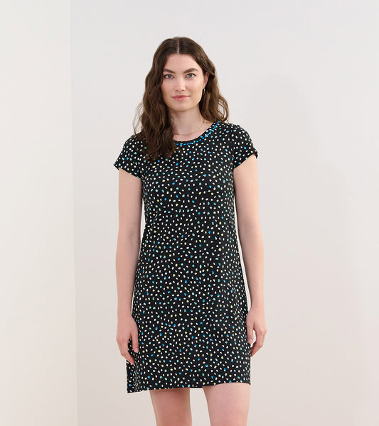 Black A-line dress with colorful polka dots and short sleeves, featuring a round neckline.
