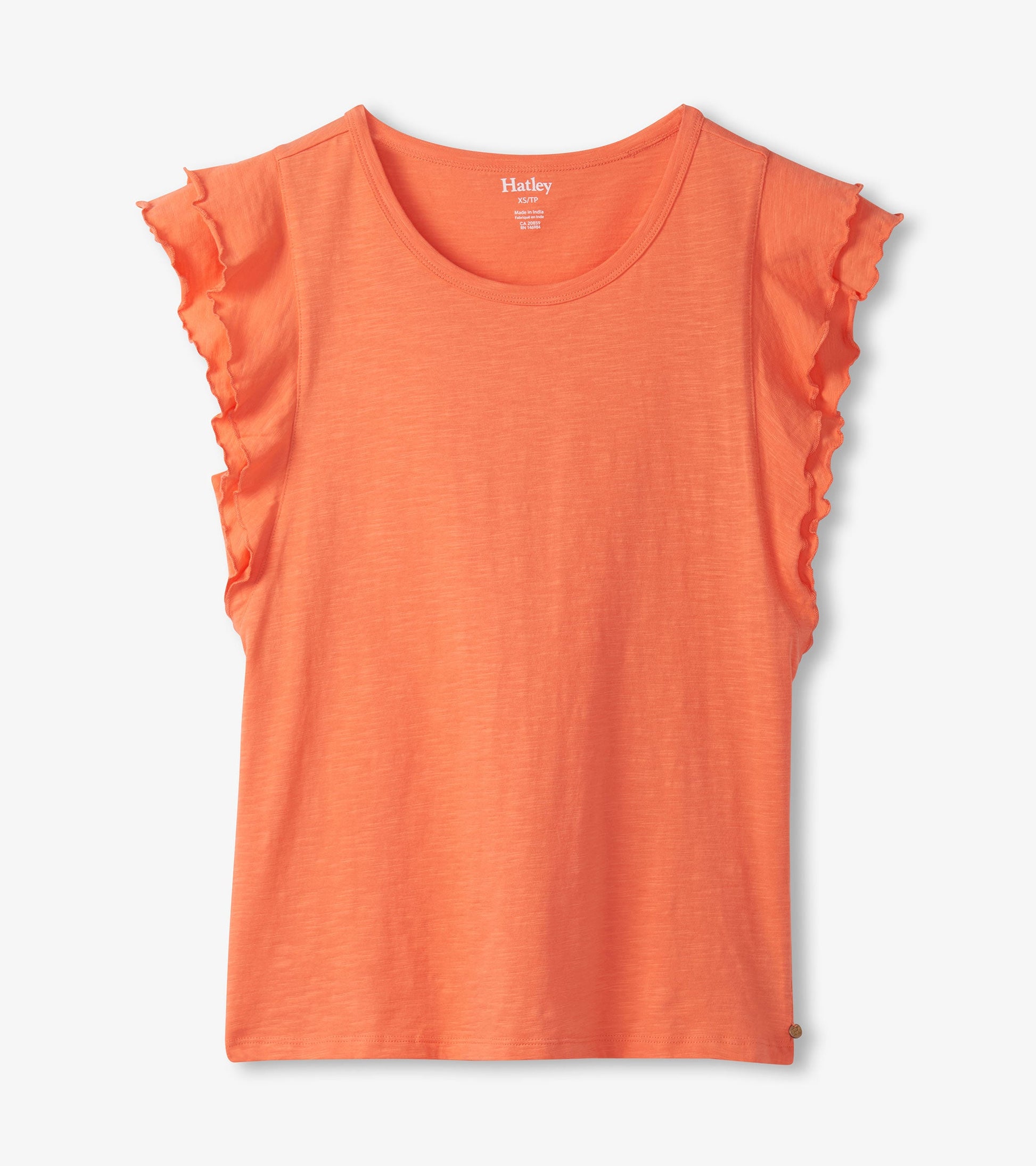Melon-colored tank top with layered ruffle sleeves and a round neckline, made from lightweight fabric.