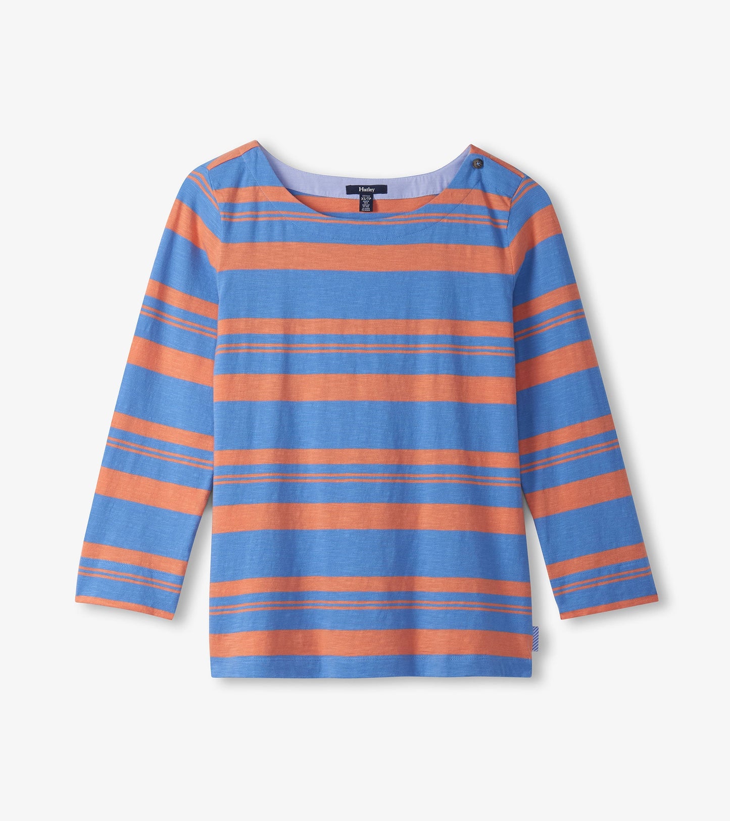 Long-sleeve top featuring blue and melon stripes with a boat neckline and button detail on the shoulder.