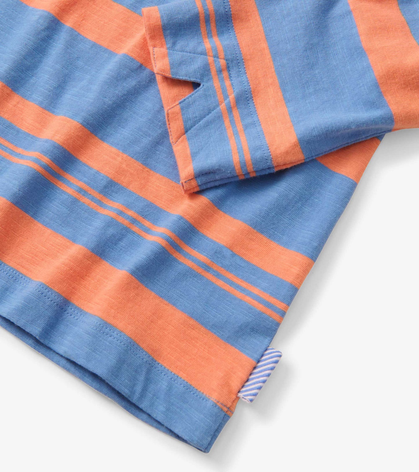 Blue and melon striped button-up shirt with short sleeves and a relaxed fit.