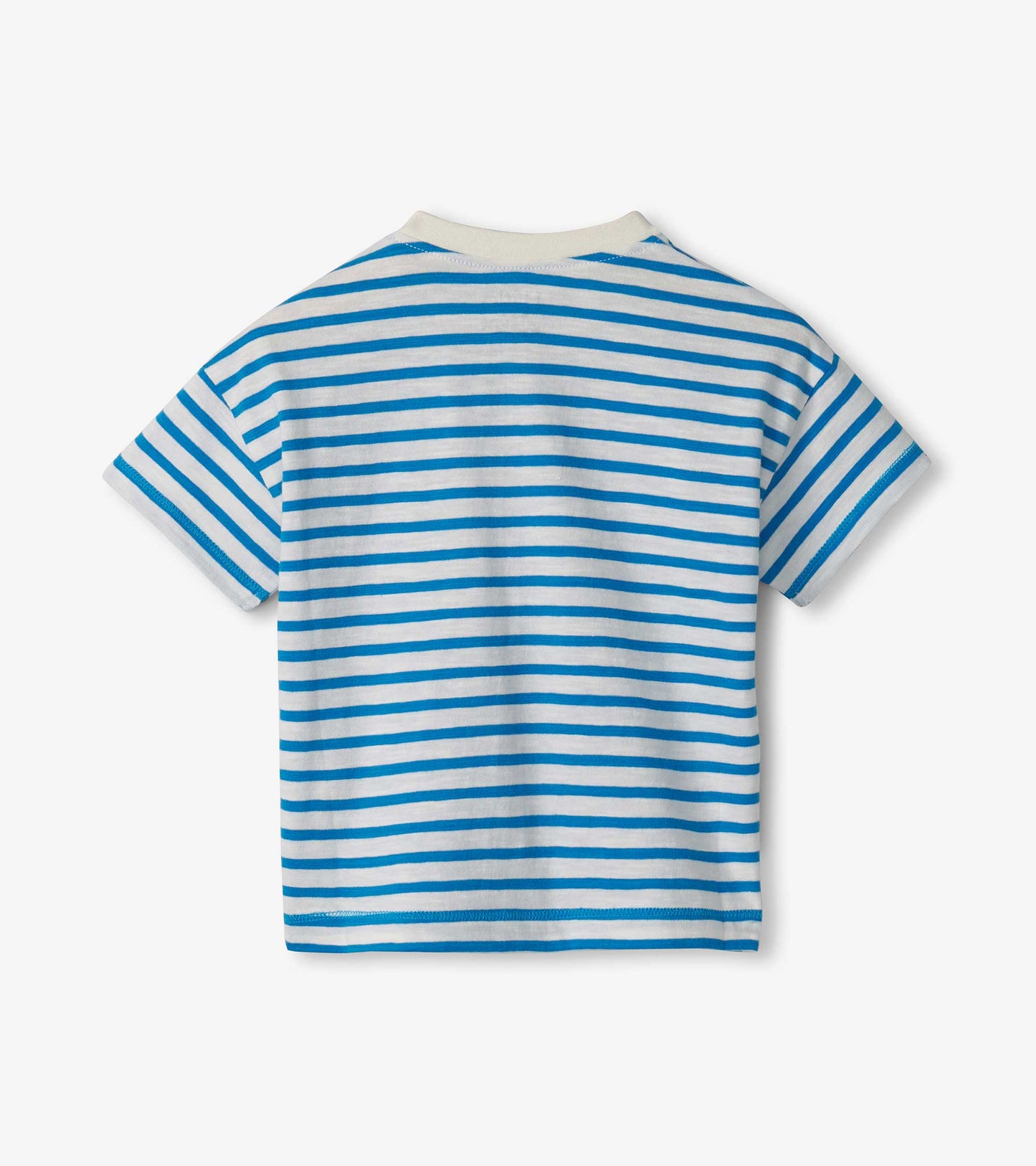 Striped short-sleeve tee in white and blue, featuring a crew neckline, suitable for baby and toddler boys.