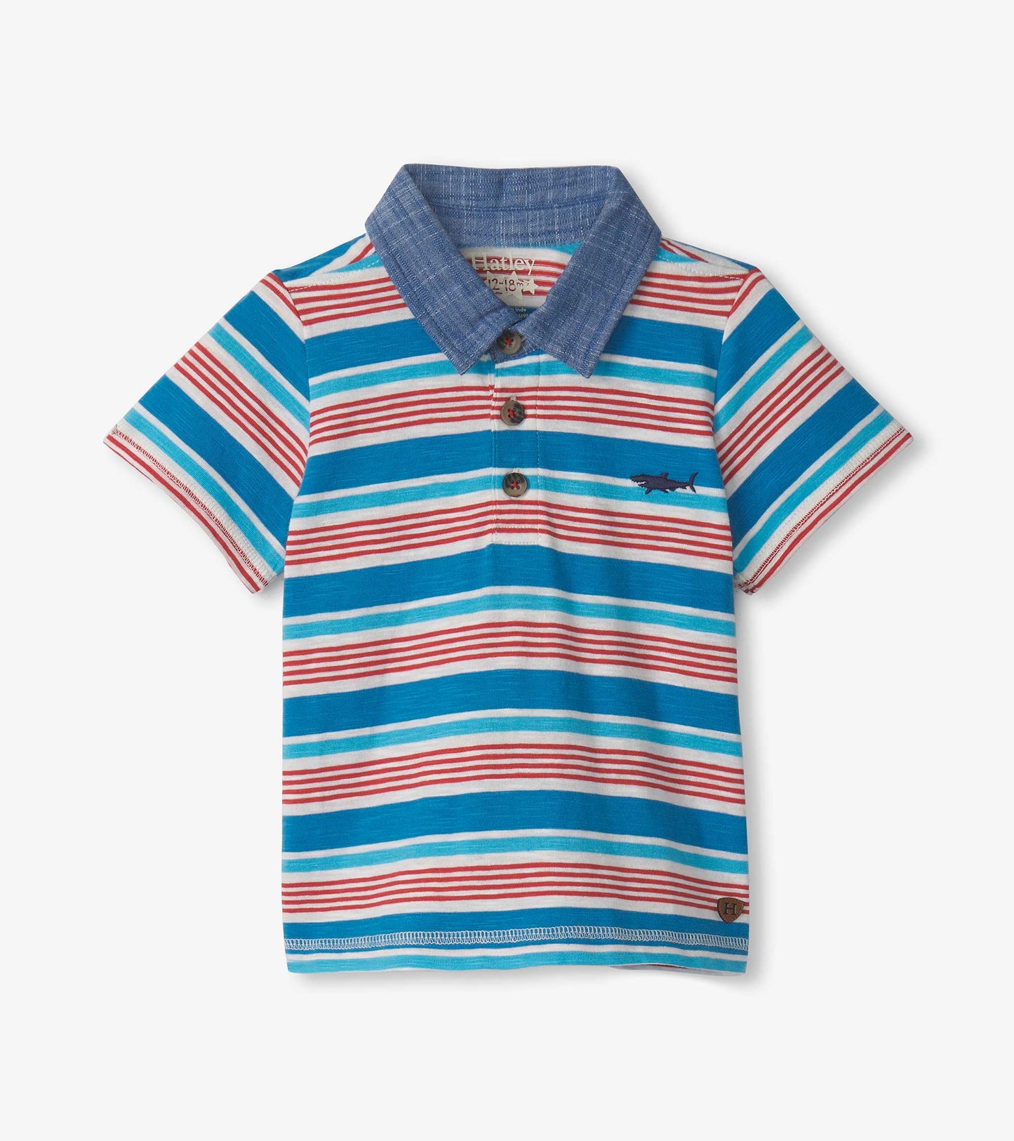 Striped polo tee for baby boys featuring blue, red, and white stripes with a chambray collar and a shark logo.