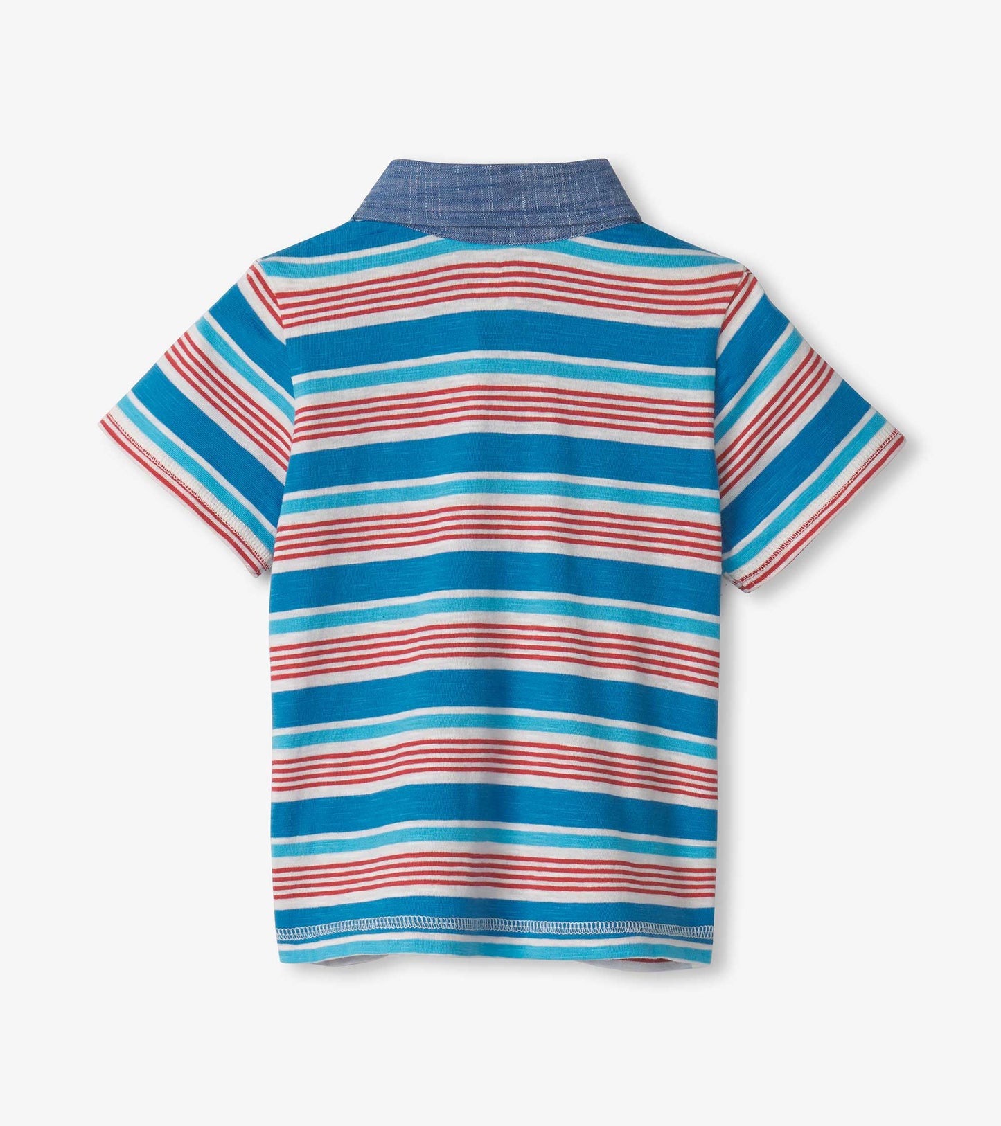 Blue polo tee for baby and toddler boys featuring colorful Mediterranean stripes and a denim-like collar. Back view.