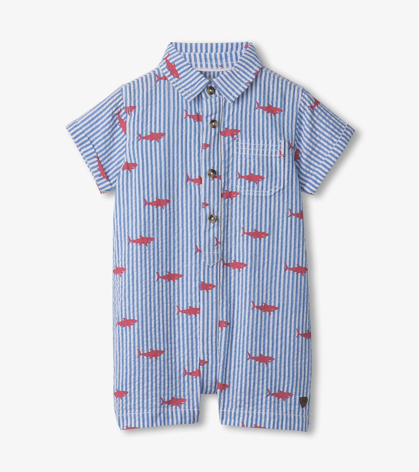 Blue and white striped woven romper featuring red shark silhouettes, short sleeves, and a button-up front.