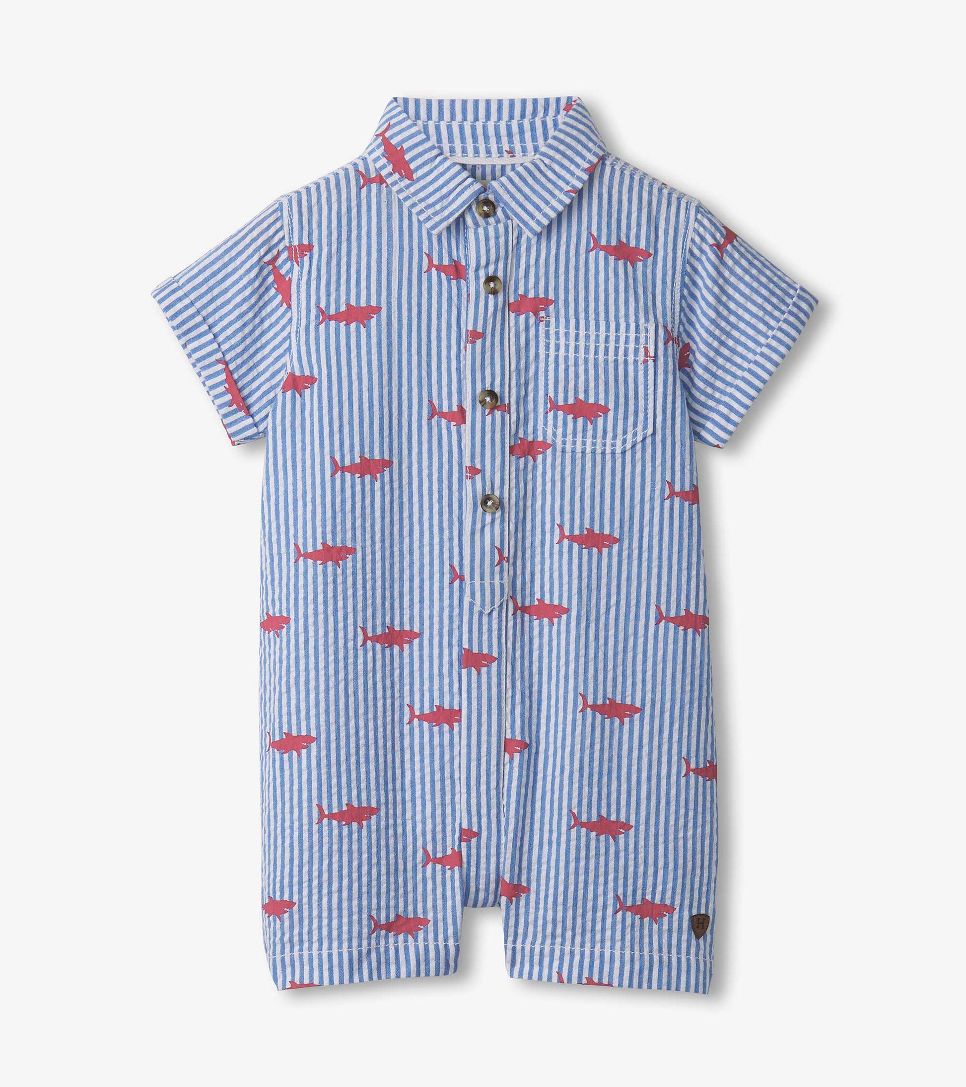 Blue and white striped woven romper featuring red shark silhouettes, short sleeves, and a button-up front.