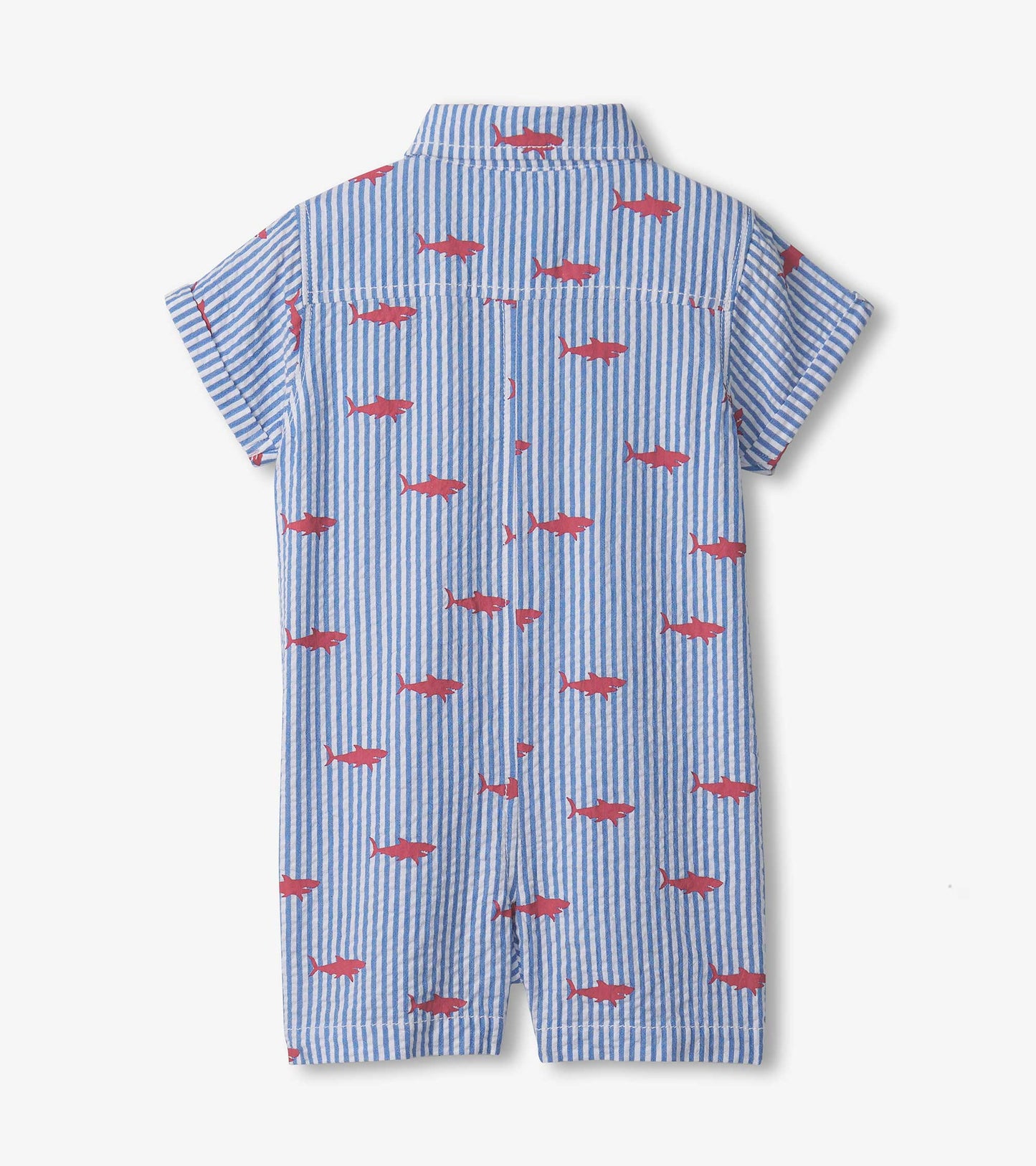 Blue and white striped woven romper featuring red shark silhouettes, short sleeves, and a collared neckline.