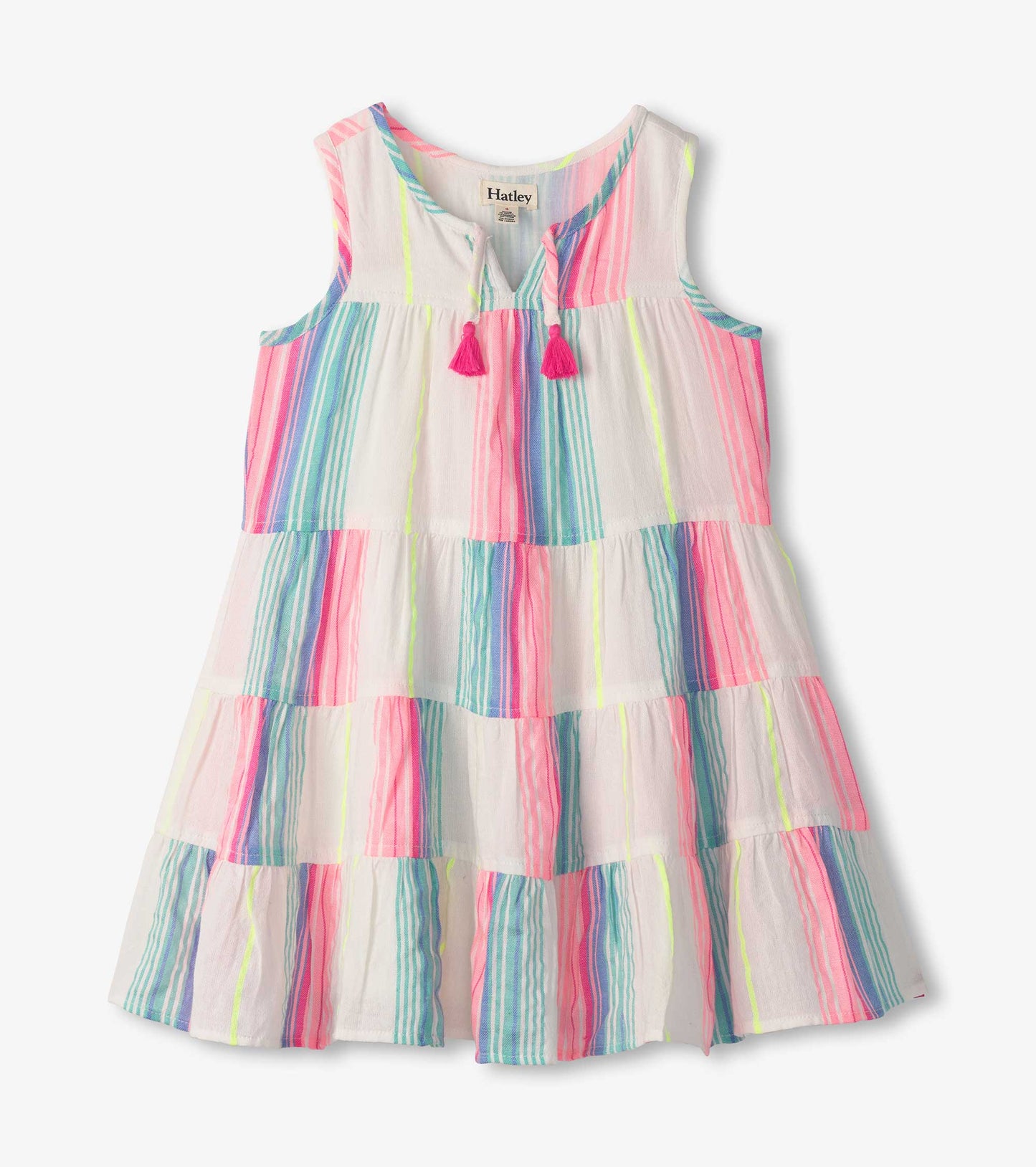 Tiered dress with neon stripes in pink, blue, and green on a white background, featuring a sleeveless design and tassel deta…