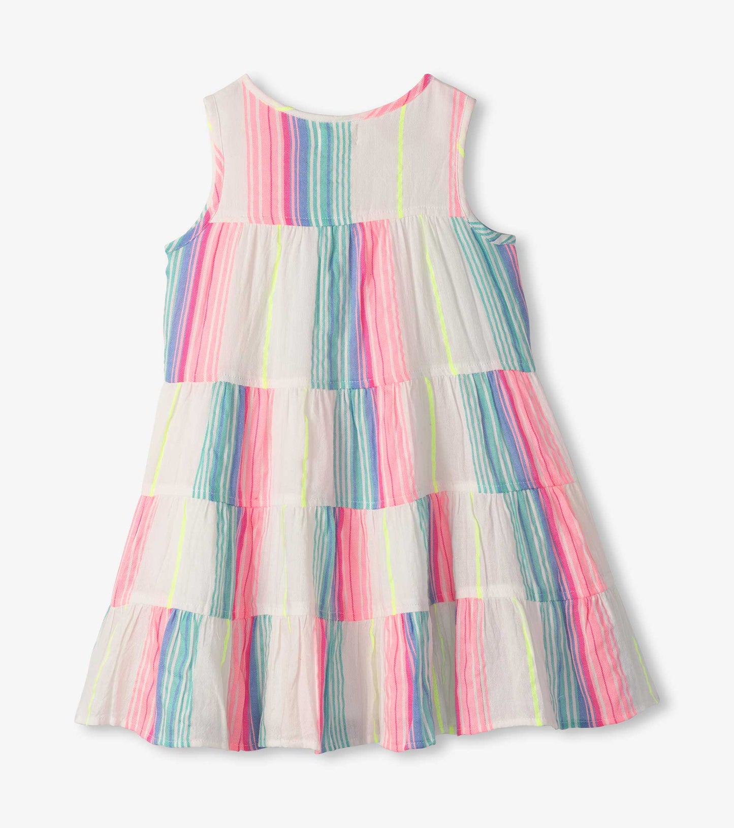 Tiered dress with neon stripes in pink, blue, and green on a white background, featuring a sleeveless design.