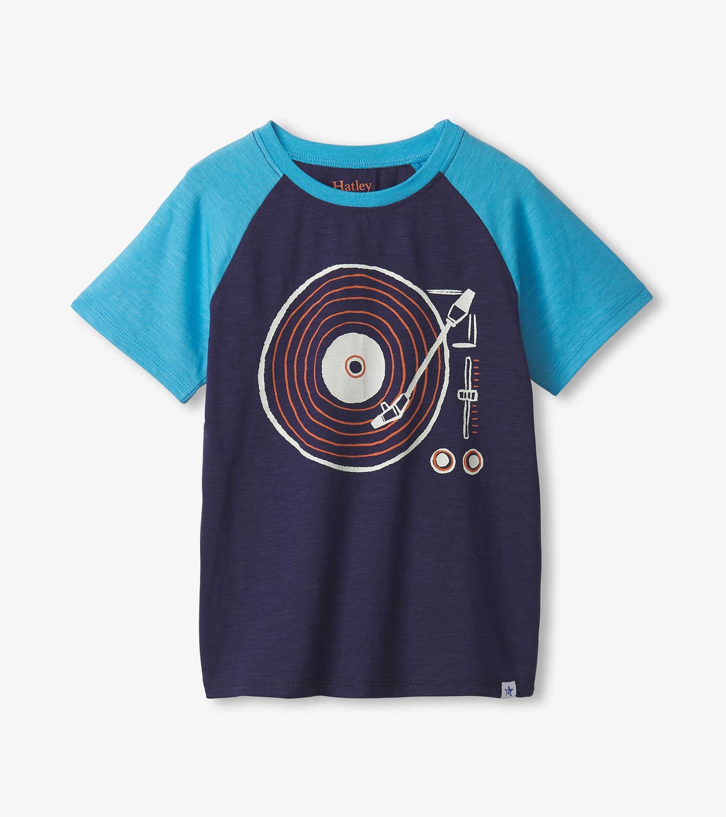 Navy raglan t-shirt with blue sleeves featuring a vinyl record graphic and musical elements.