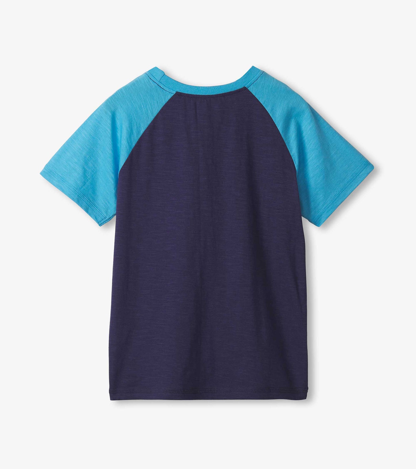Back view of a boys' raglan t-shirt featuring navy body and light blue sleeves. Soft, casual design suitable for everyday we…