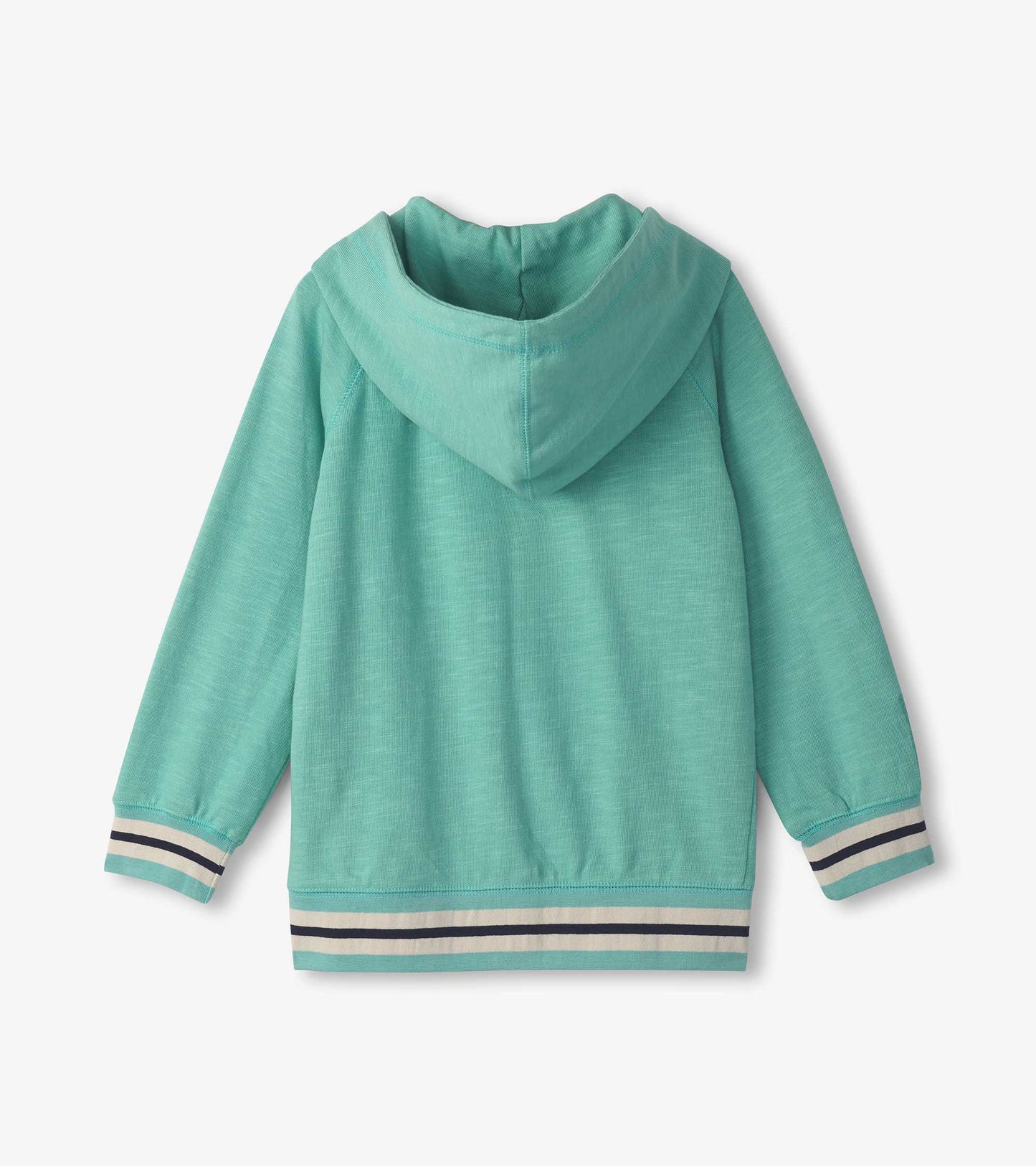 Nile blue zip-up hoodie with a hood and striped cuffs, designed for boys.