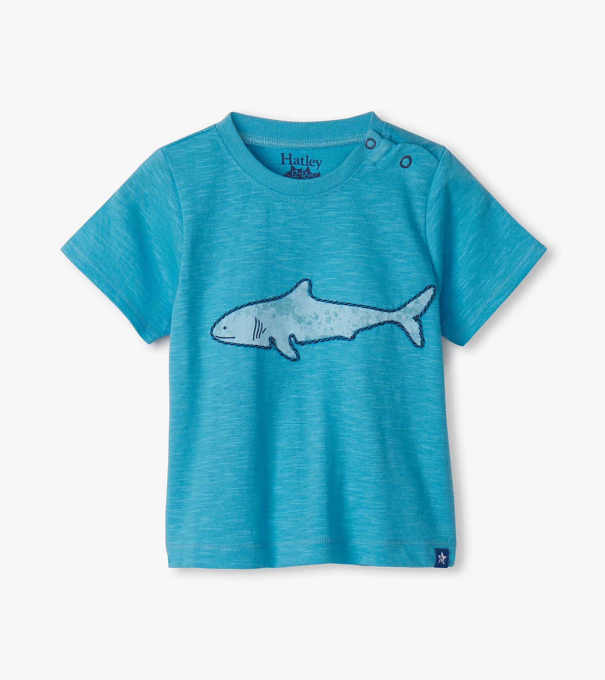 Light blue short-sleeve tee featuring a shark graphic on the front, designed for baby and toddler boys.