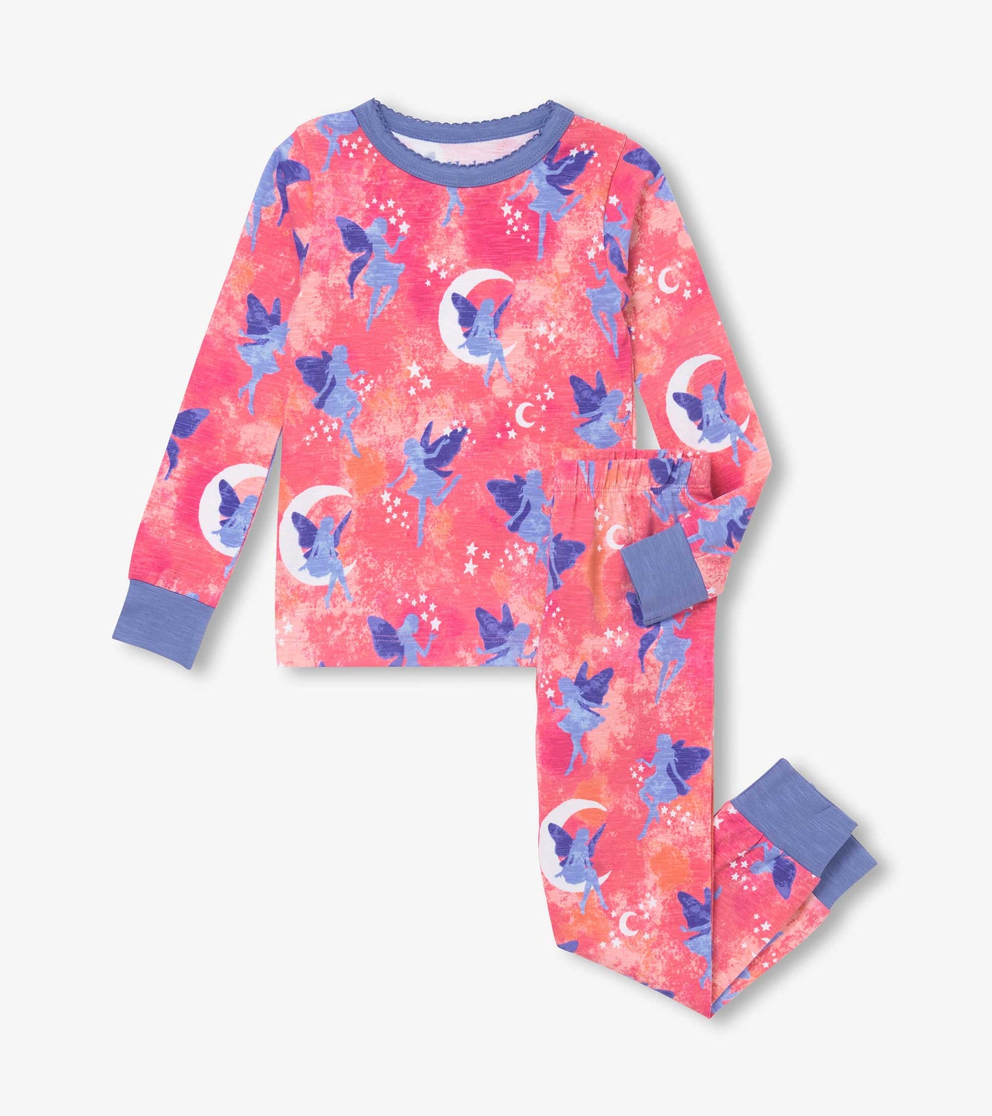 Pink pajama set featuring fairy and moon patterns, with long sleeves and matching pants, accented with blue cuffs.