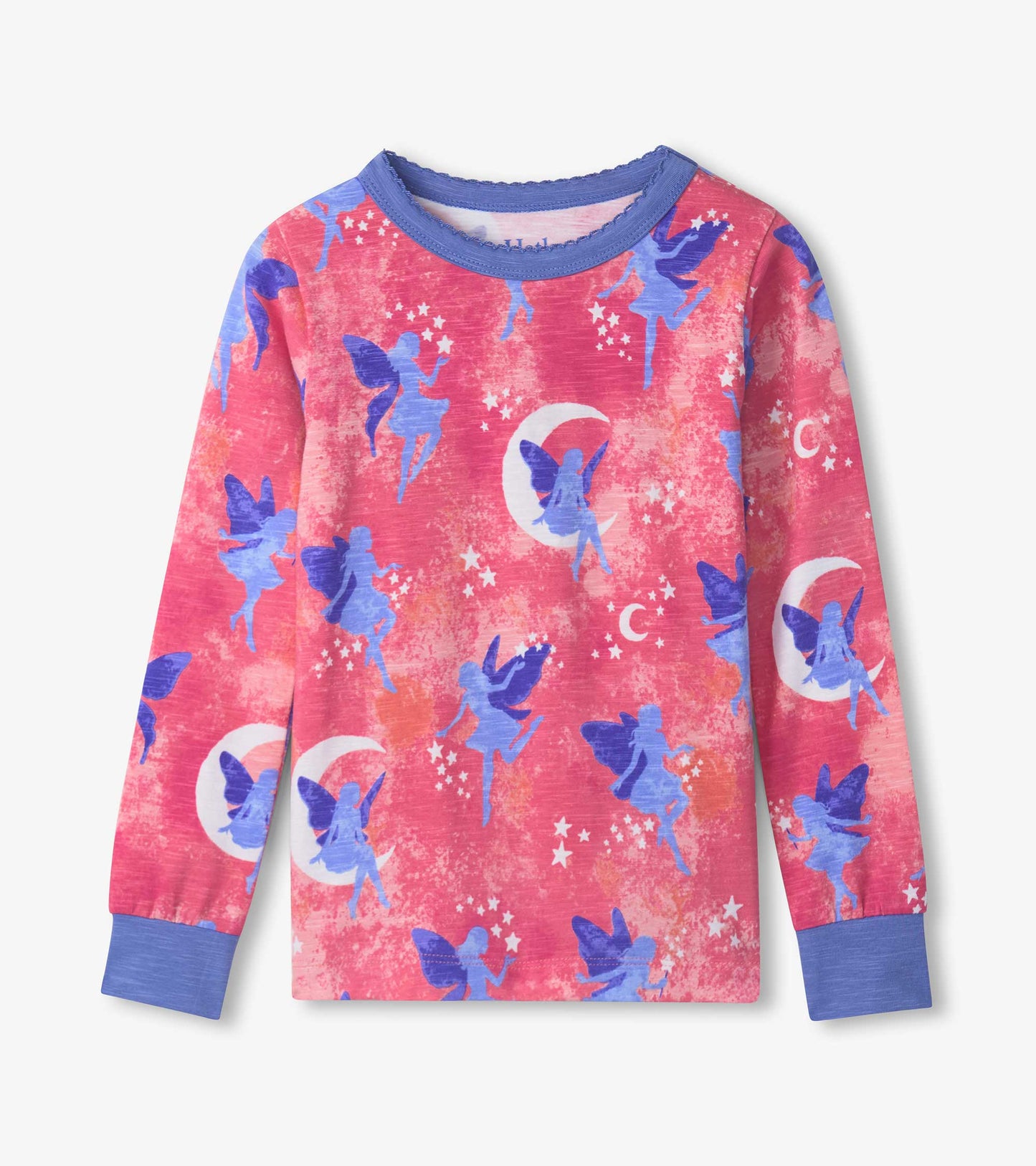 Long-sleeve pajama top in pink with blue fairy and moon print, featuring a round neckline and contrasting blue cuffs.