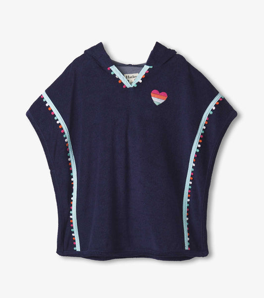 Navy blue hooded cover-up with colorful pom-pom trim and heart design, perfect for beach or pool use.