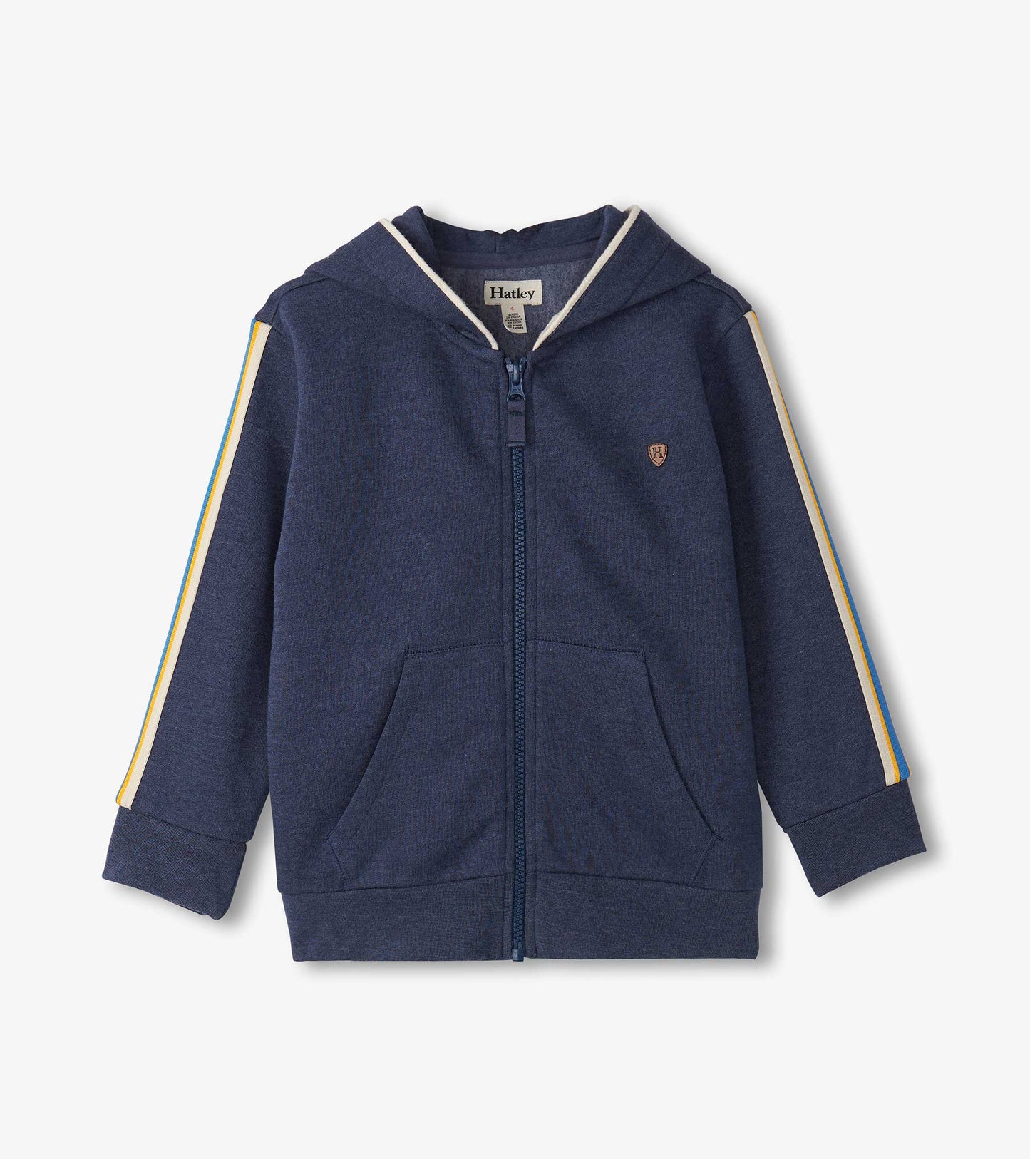 Patriot blue zip-up hoodie with a hood, front pockets, and colorful stripes on the sleeves. Soft fabric, casual style.