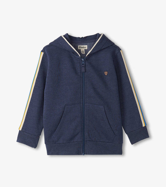 Patriot blue zip-up hoodie with a hood, front pockets, and colorful stripes on the sleeves. Soft fabric, casual style.