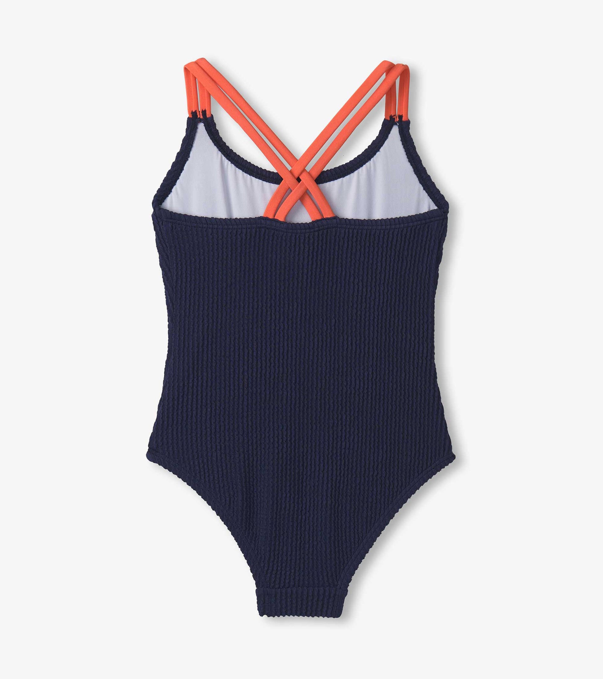 Patriot blue one-piece swimsuit with crisscross orange straps and textured fabric, ideal for swimming.