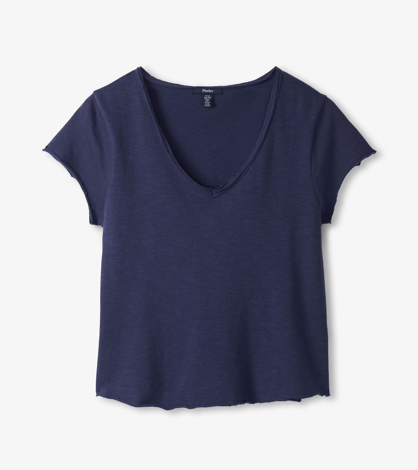 Patriot blue V-neck tee with short sleeves and a relaxed fit, featuring a slightly frayed hem.