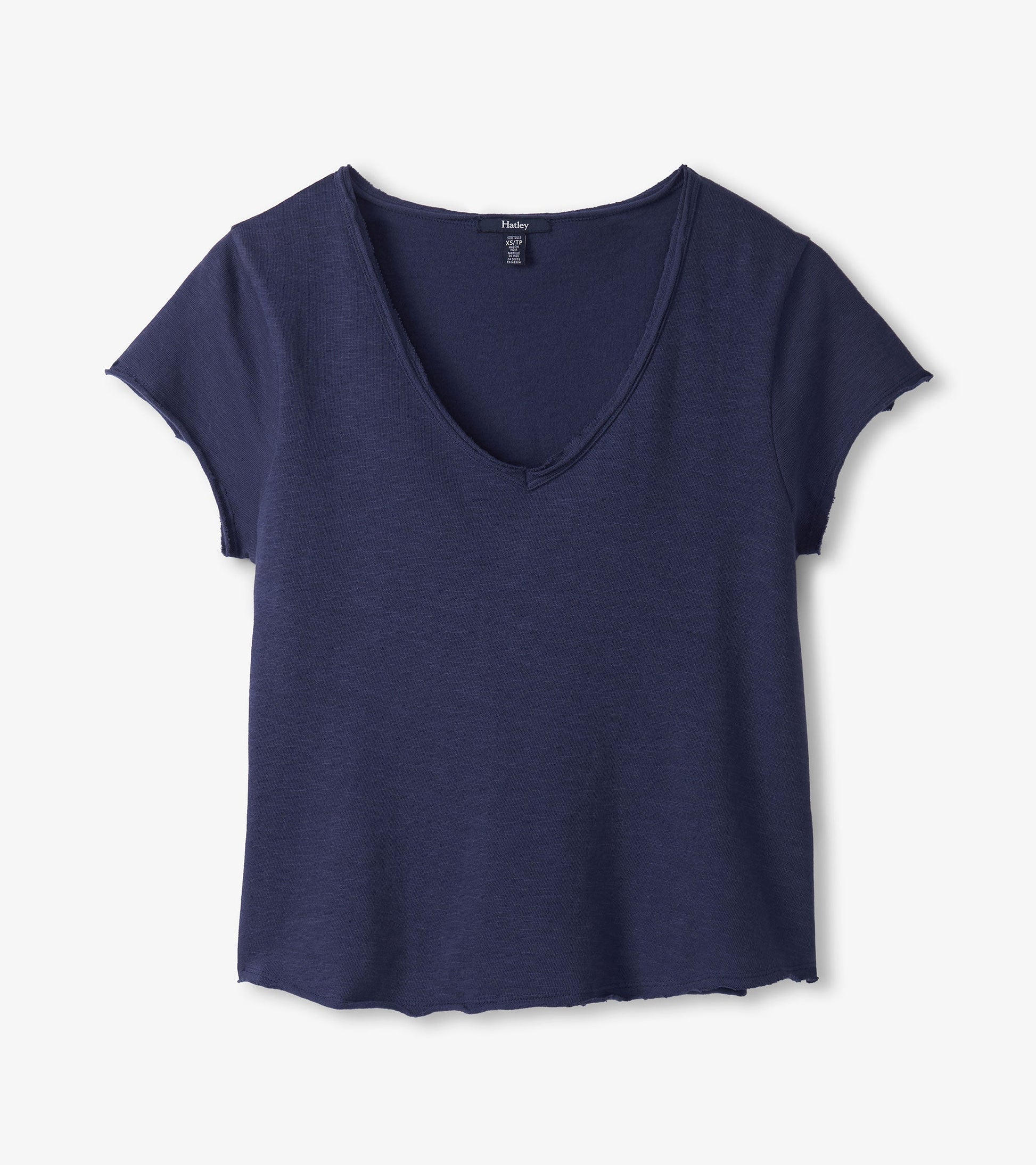 Patriot blue V-neck tee with short sleeves and a relaxed fit, featuring a slightly frayed hem.
