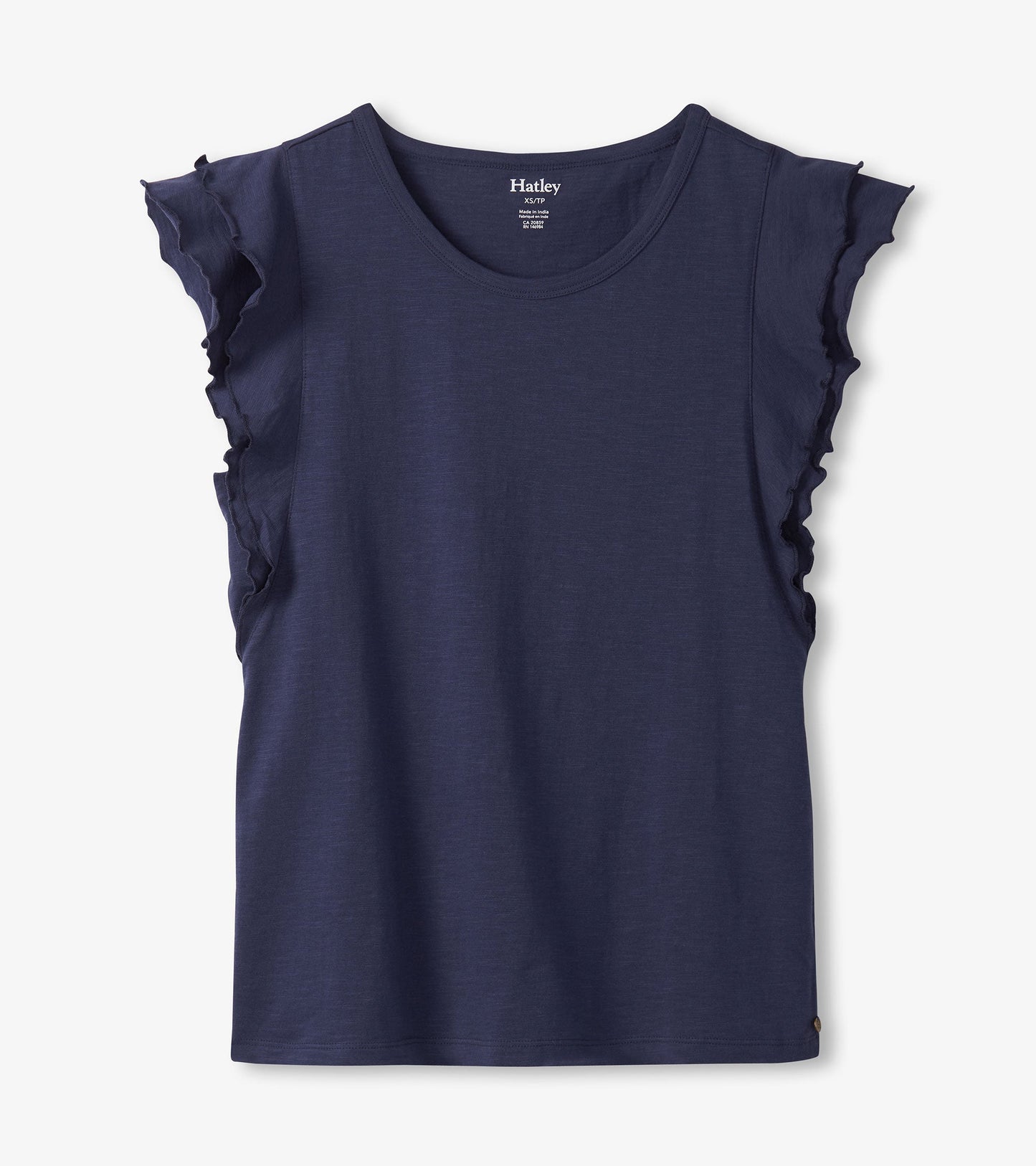Patriot blue tank top with layered ruffle sleeves and a round neckline, made from soft fabric.