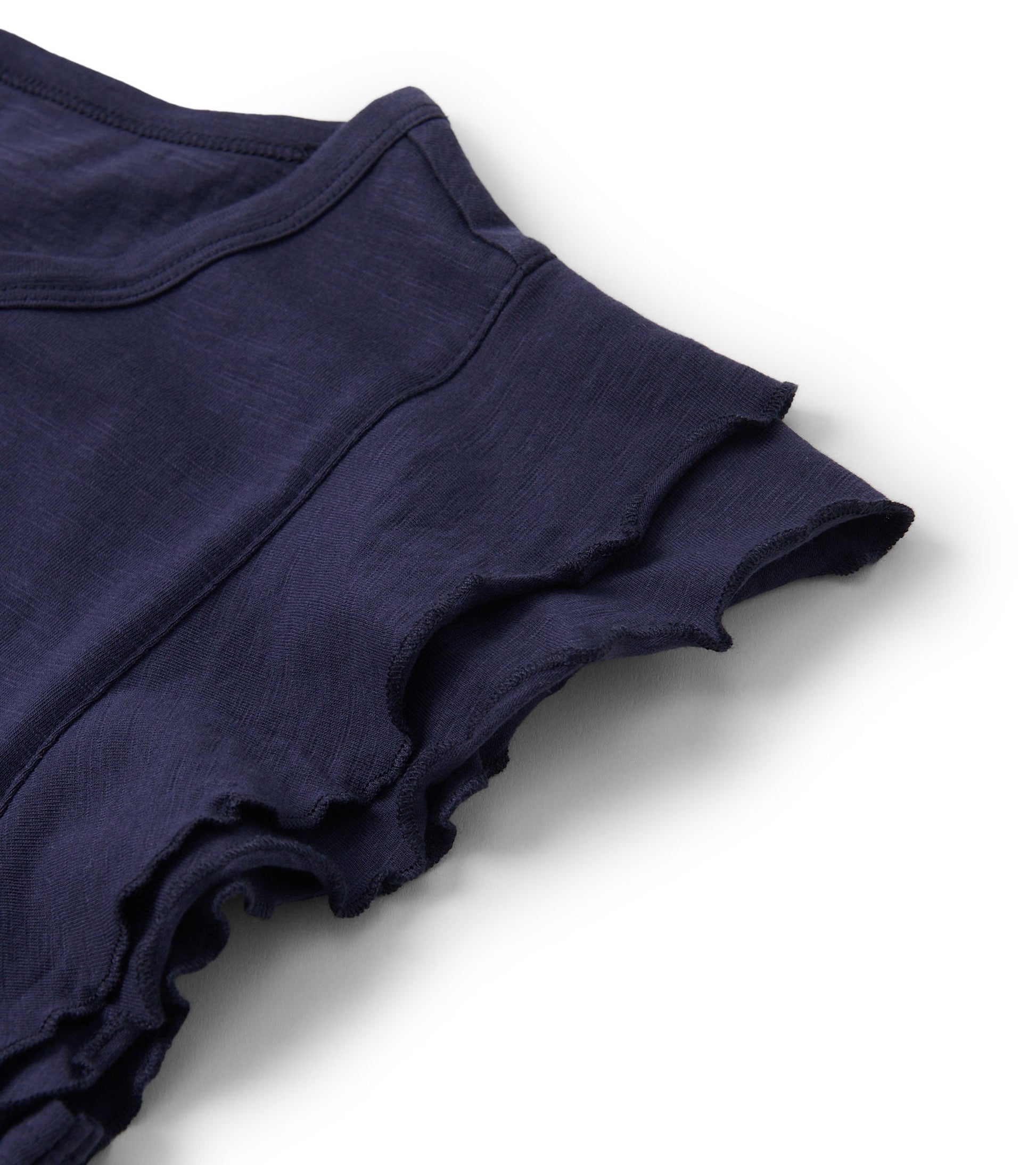 Patriot blue tank top featuring layered ruffled sleeves and a soft, lightweight fabric.
