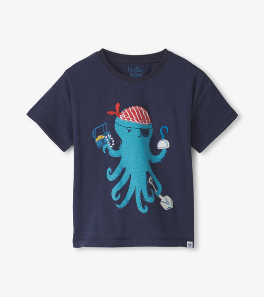 Navy slouchy tee featuring a playful pirate octopus graphic with a red bandana and treasure chest design.