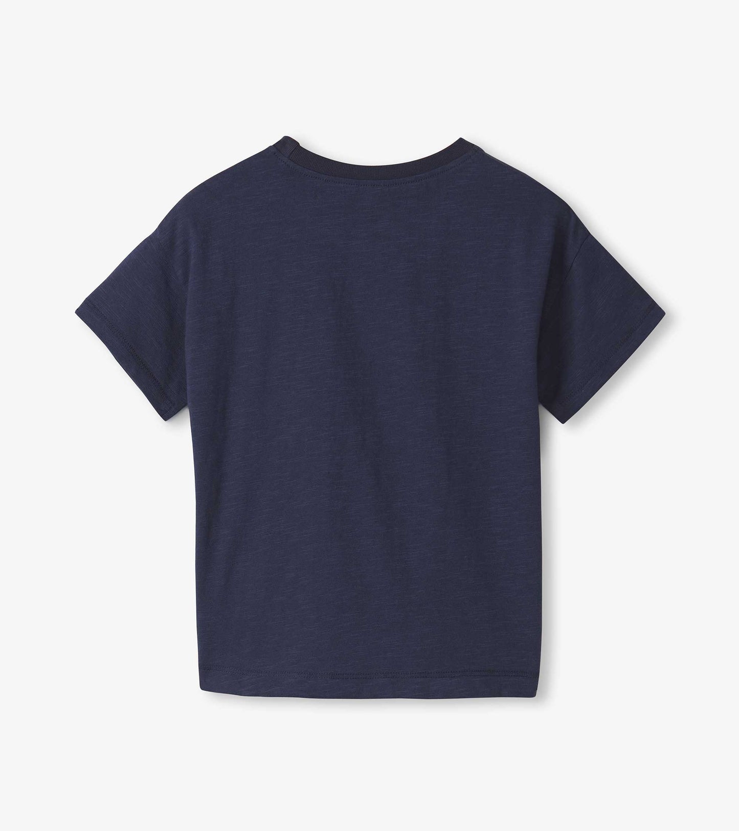 Navy blue slouchy tee for baby and toddler boys with short sleeves and a round neckline. Back view shown.