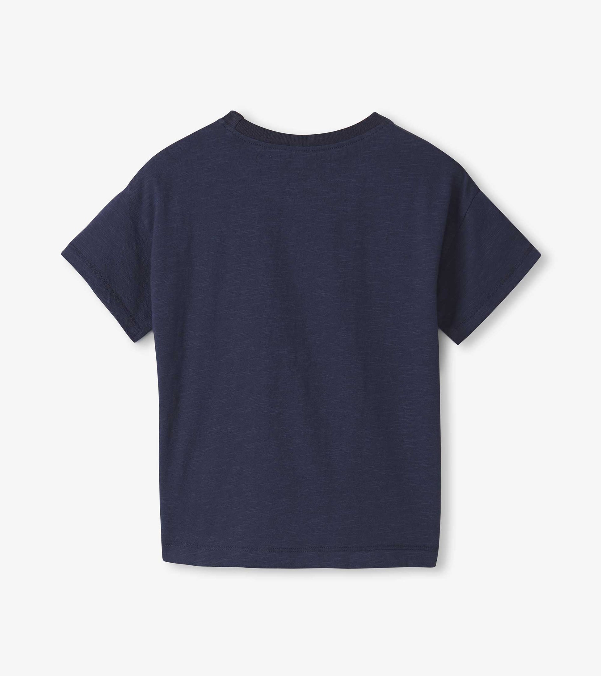 Navy blue slouchy tee for baby and toddler boys with short sleeves and a round neckline. Back view shown.