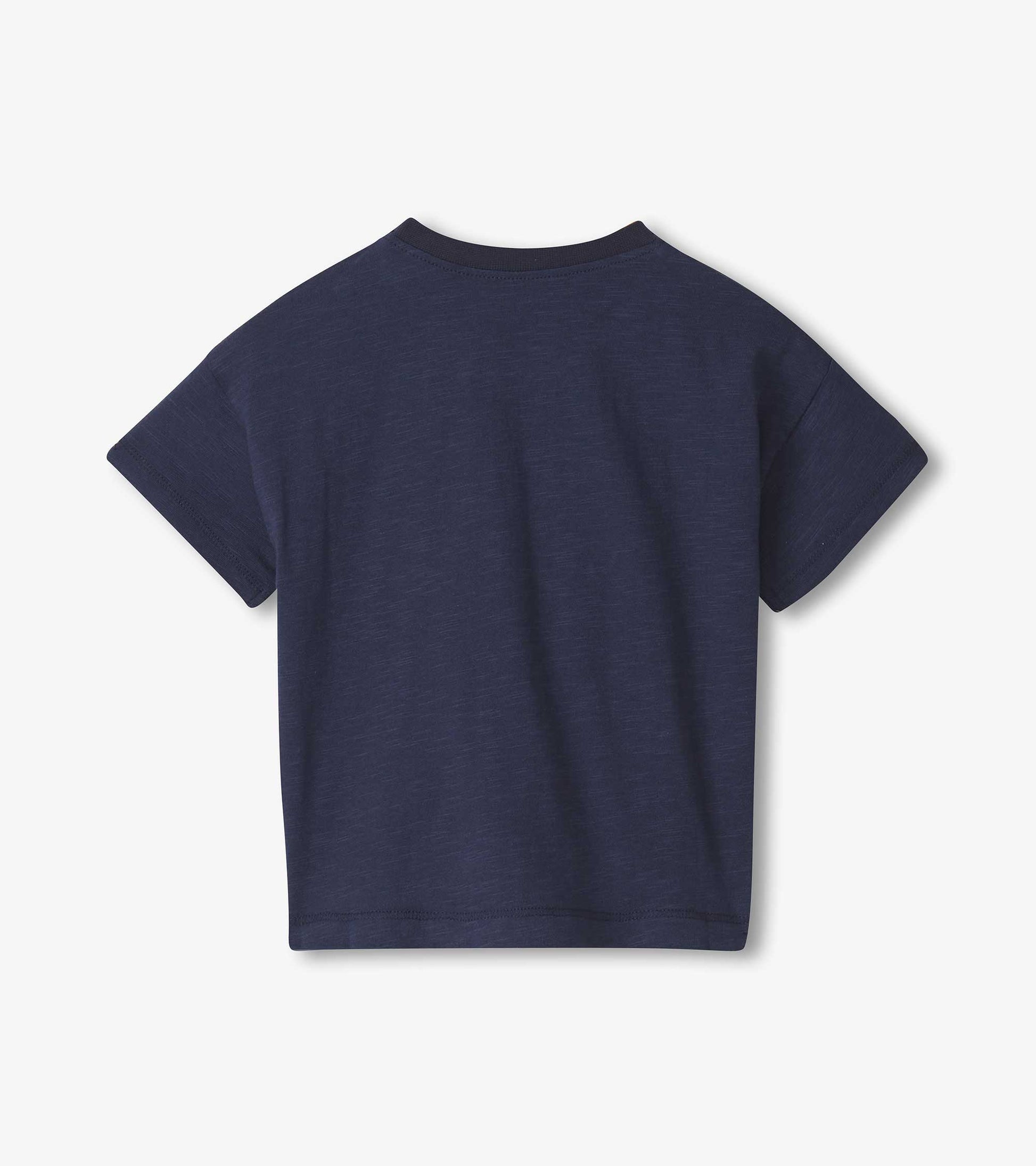 Navy slouchy tee for baby and toddler boys with short sleeves and a round neckline, featuring a soft, casual design.
