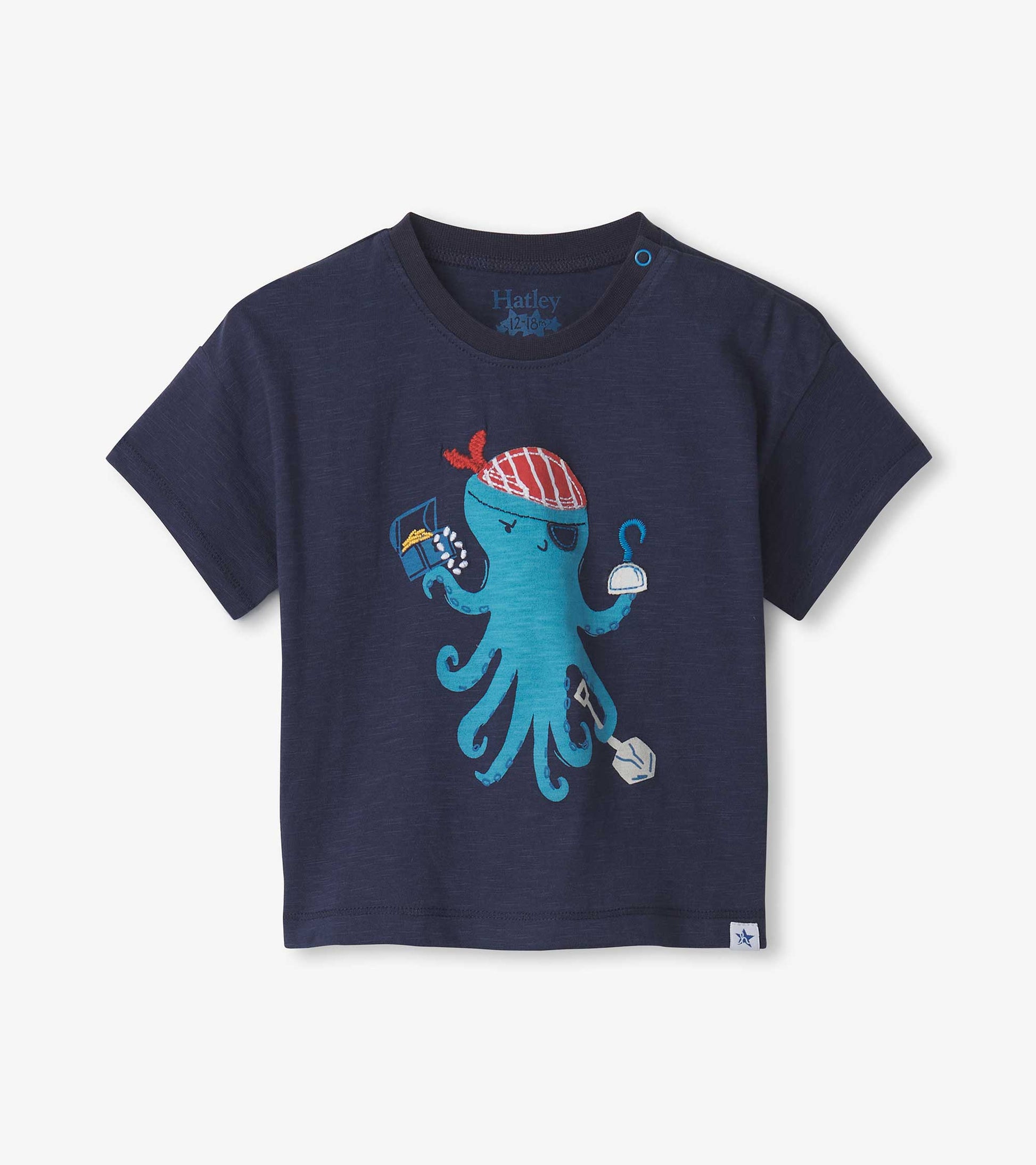 Navy slouchy tee featuring a playful blue pirate octopus graphic with a red bandana and accessories.
