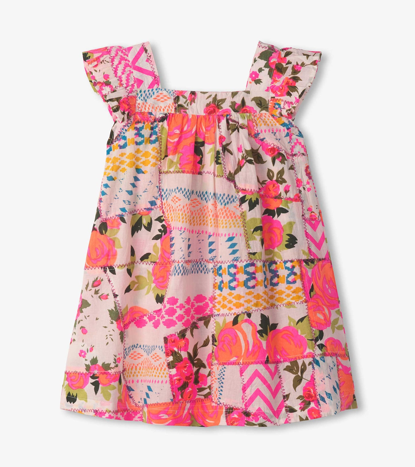 Floral patchwork dress with flutter puff sleeves in vibrant pink, yellow, and green hues, perfect for casual wear.