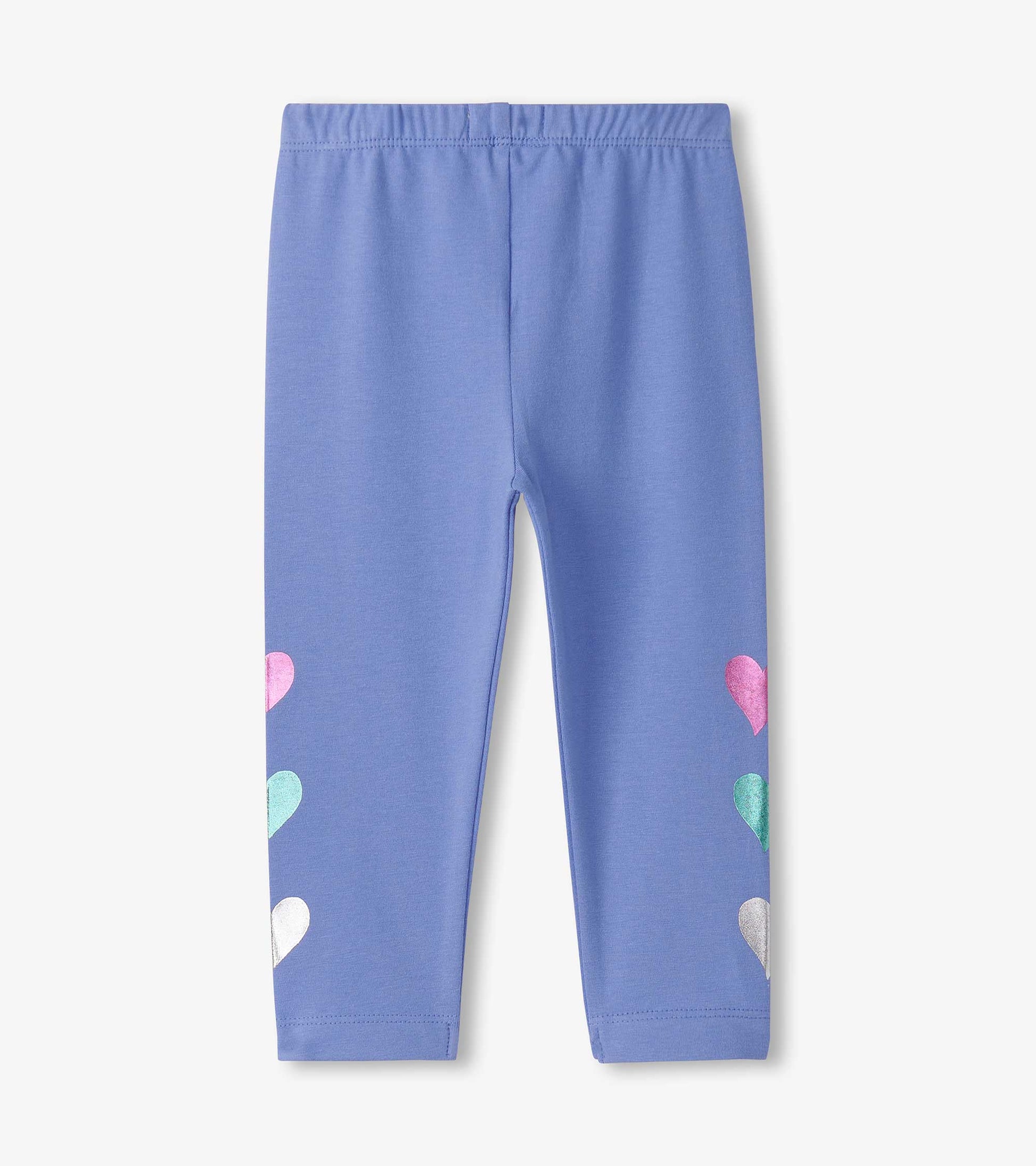 Light blue leggings featuring colorful heart designs on the sides, ideal for baby and toddler girls.