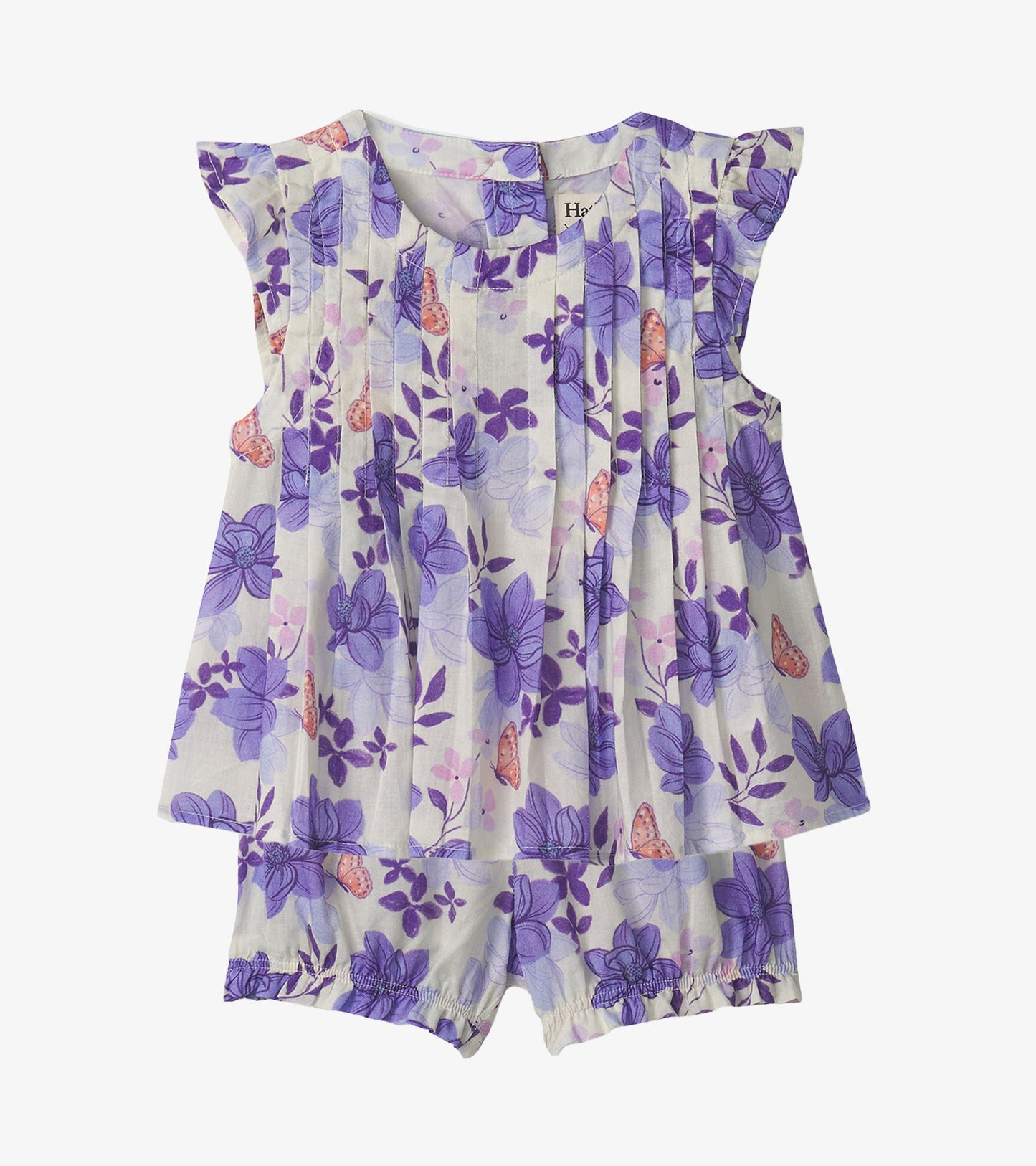 Light purple top with floral pattern and pin tuck details, paired with matching bloomer shorts. Suitable for baby girls.