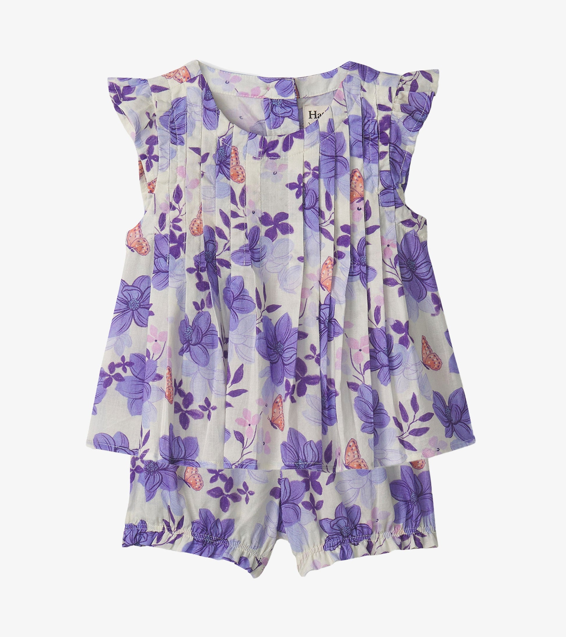 Light purple top with floral pattern and pin tuck details, paired with matching bloomer shorts. Suitable for baby girls.