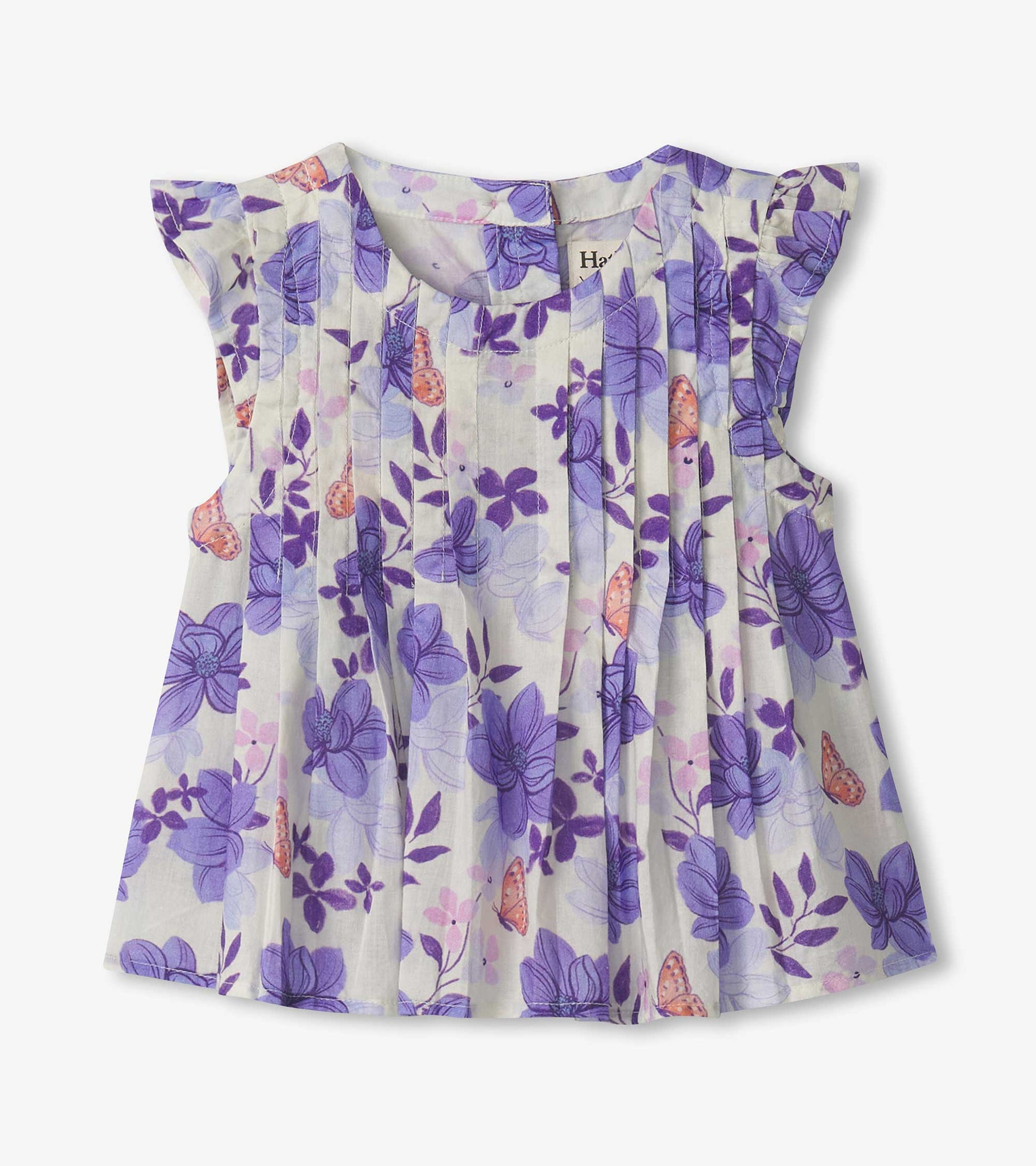 Purple floral pin tuck top with flutter sleeves, featuring butterflies and a lightweight fabric, suitable for baby girls.