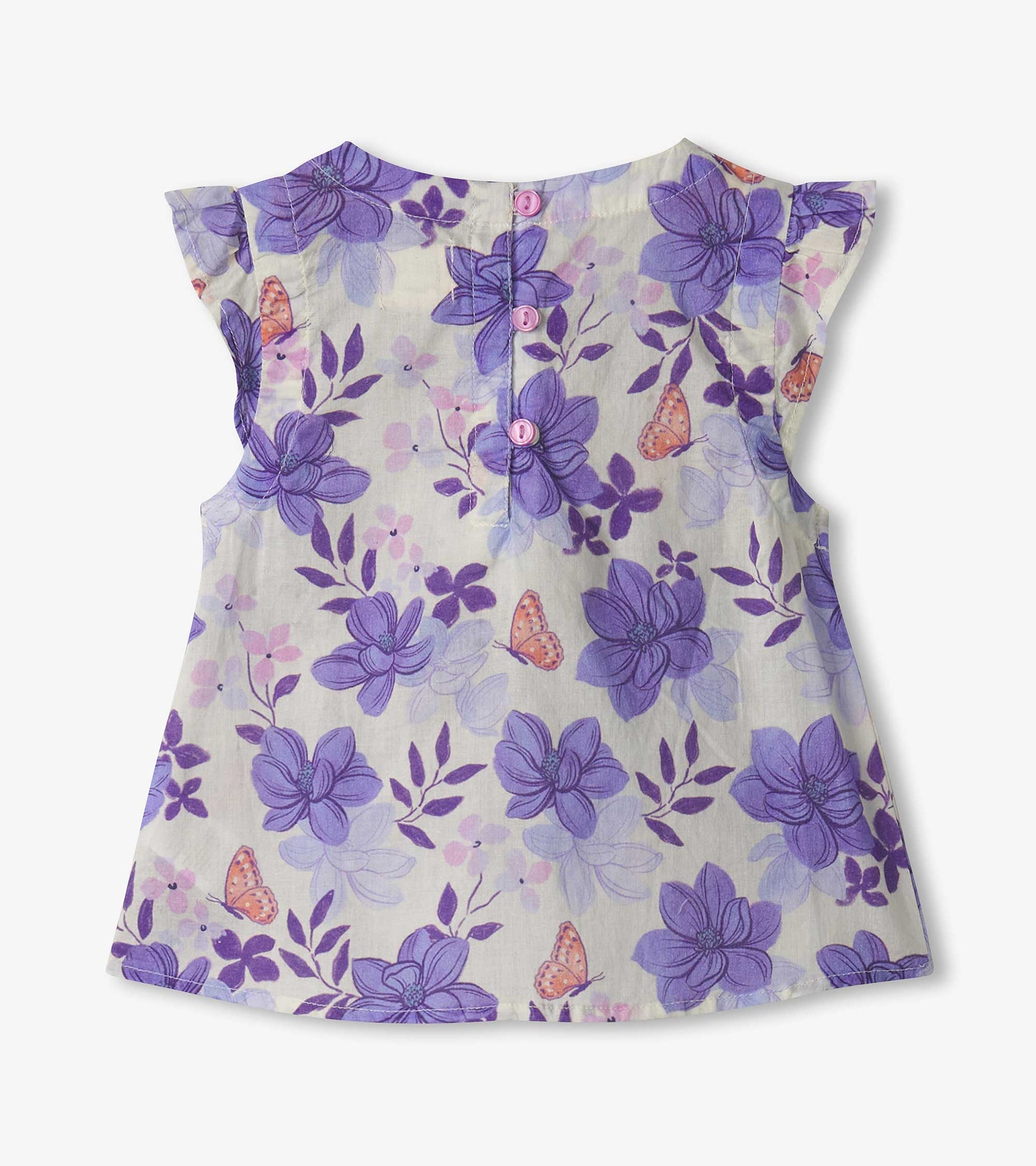 Back view of a sleeveless top featuring a purple floral pattern with butterflies and pink buttons.