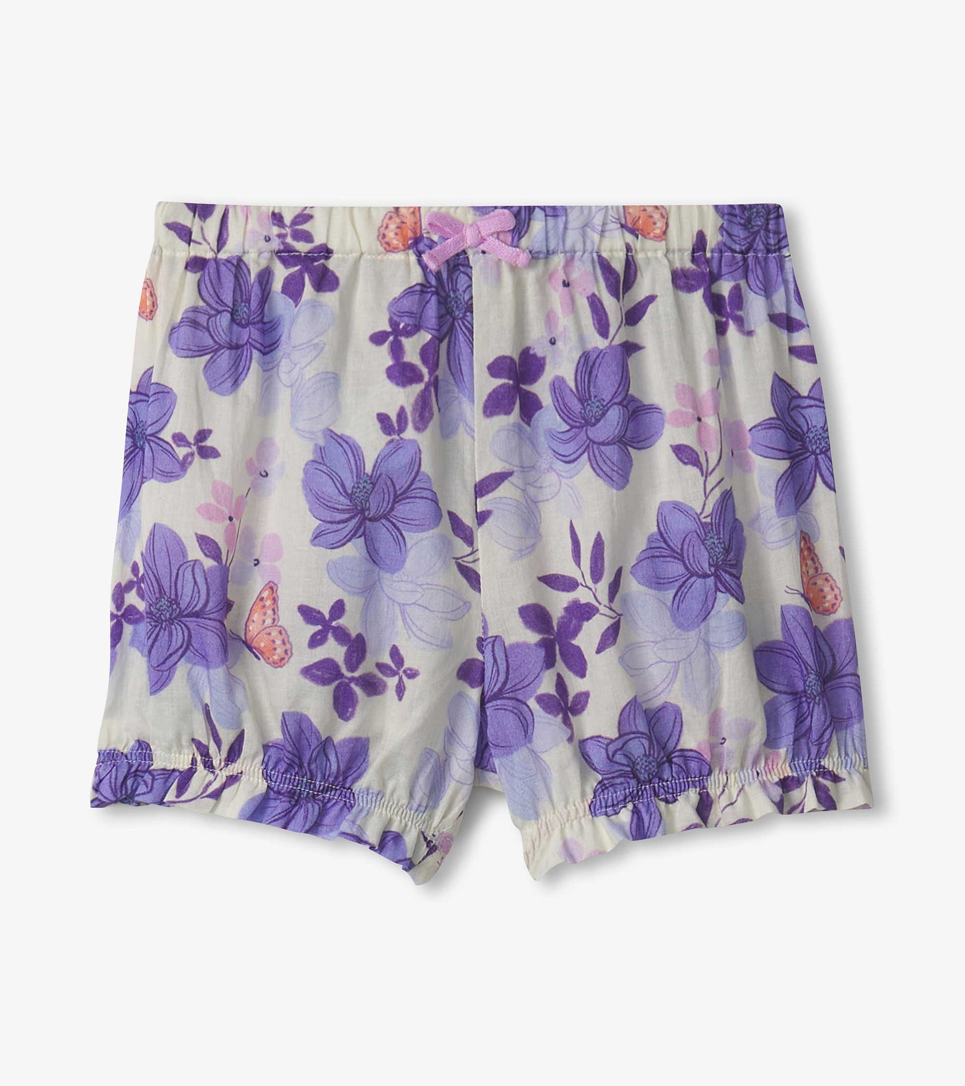 Lightweight bloomer shorts featuring a purple magnolia floral pattern and an elastic waistband with a pink bow detail.