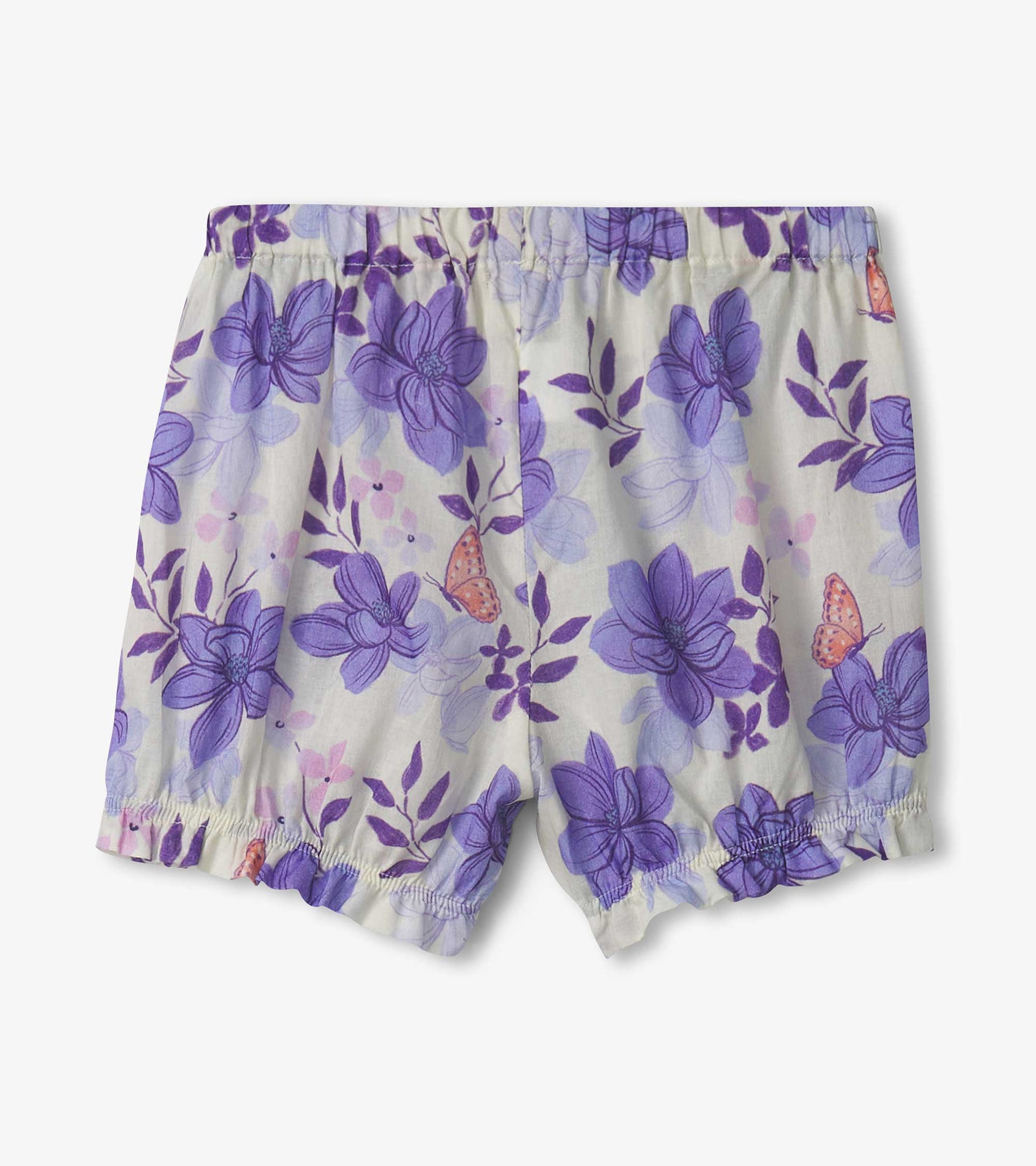 Light fabric bloomer shorts featuring a purple magnolia floral pattern and elastic waistband.