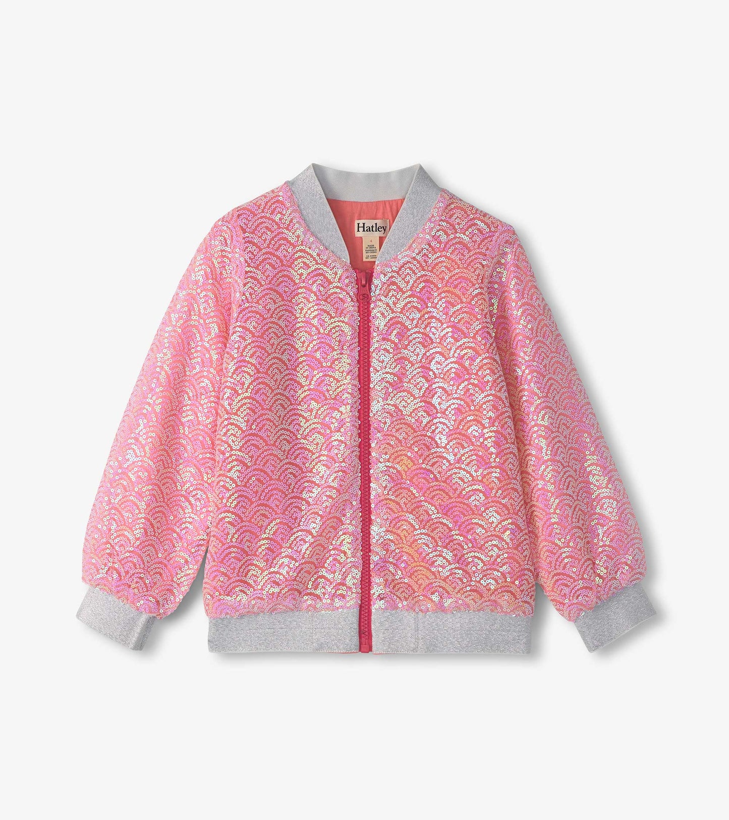 Pink bomber jacket with sequined mermaid scale pattern and gray ribbed cuffs, featuring a front zipper closure.
