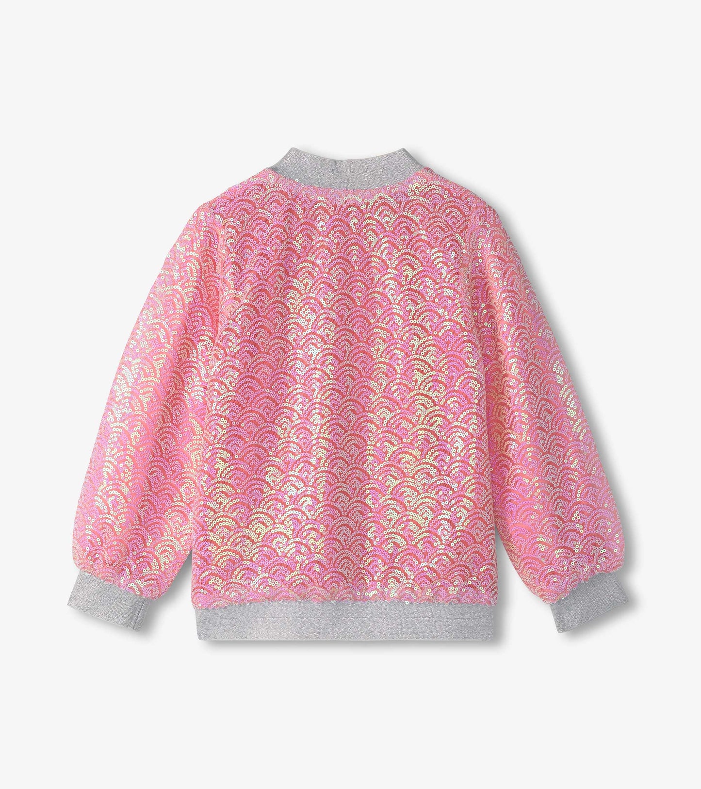 Pink sequined bomber jacket with a wave pattern and gray ribbed cuffs, designed for girls.