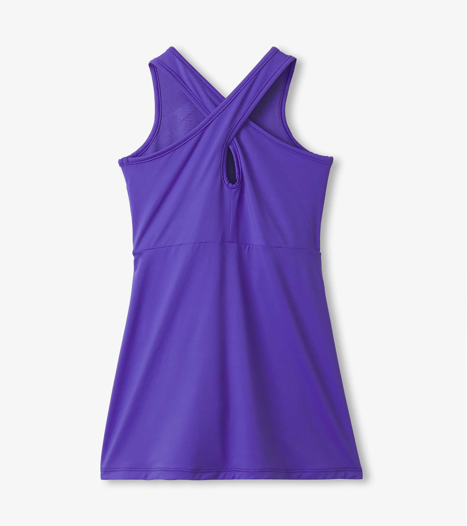 Purple active A-line dress with crisscross straps and a keyhole back, suitable for active wear.